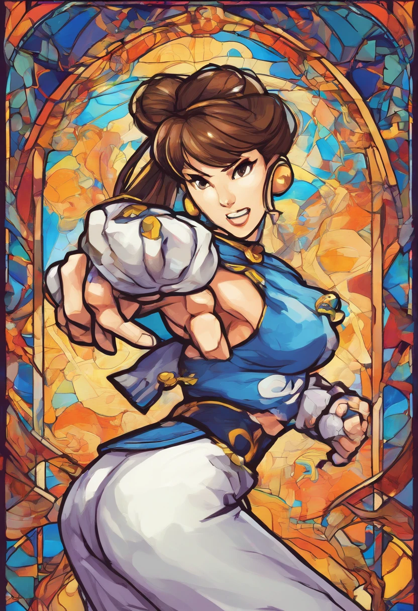 Chun li, portrait shot, kicking into air, dynamic pose, stained glass portrait, extremely detailed, absurdes