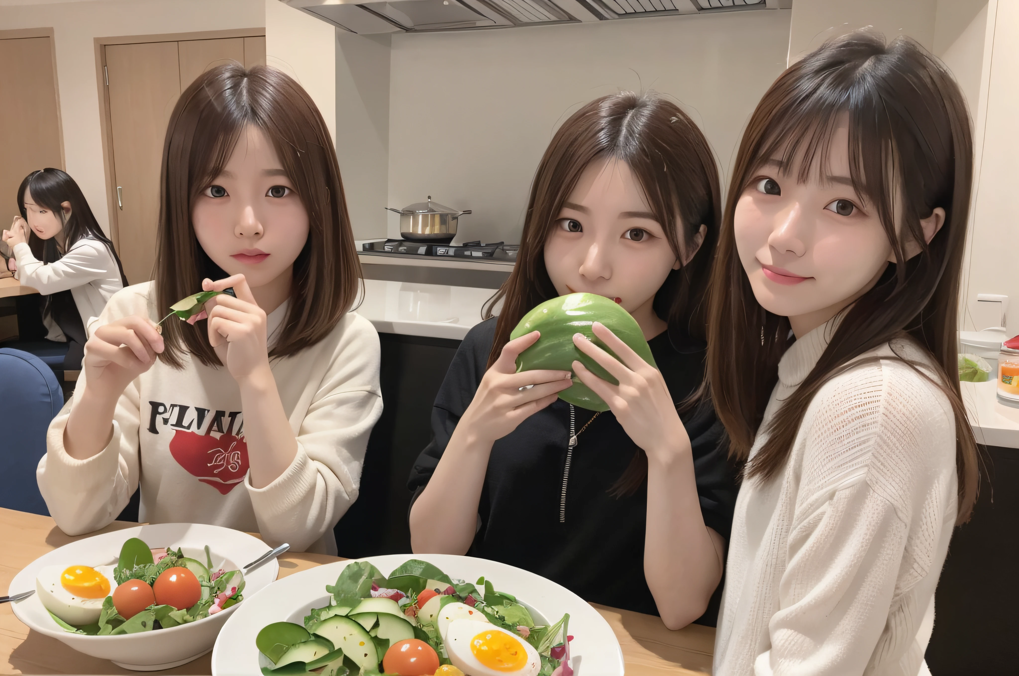 女の子1人、Korean Idols、20yr old、Woman eating salad、salad、tomatoes、boiled egg、cucumber、超A high resolution、