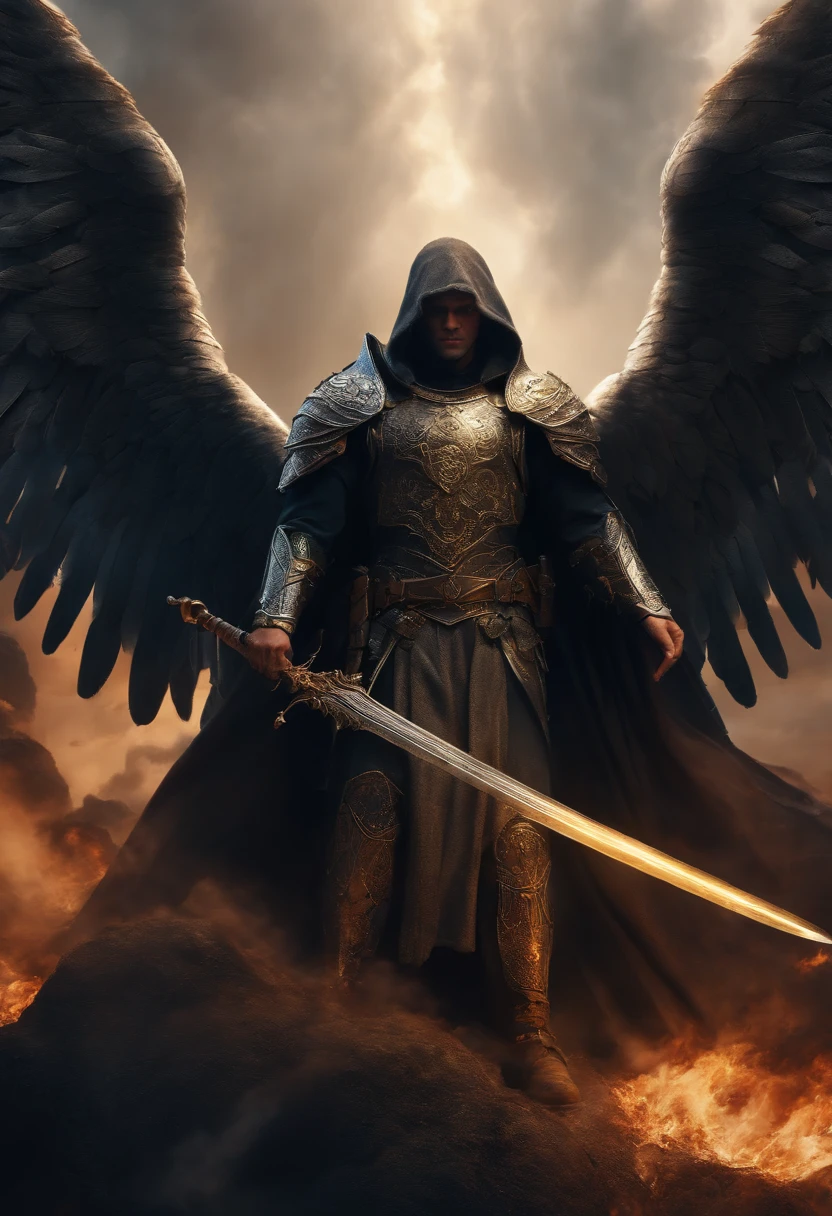 A man with wings and a sword standing in front of a fire - SeaArt AI