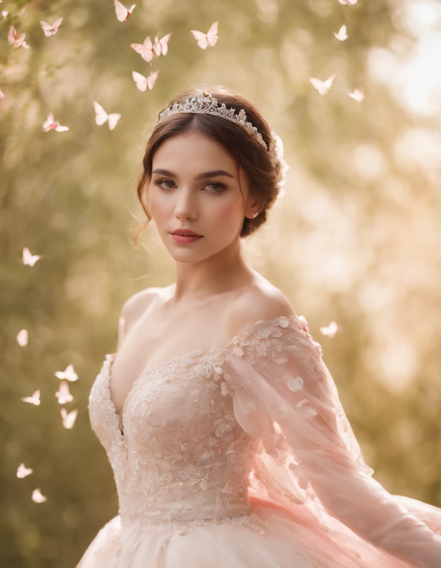 cinematic photo . 35mm photograph, film, bokeh, professional, 4k, highly detailed,A woman wearing a wedding dress in a light red and pink style with a nature-inspired pattern, close-up, tulle fabric, Iberê Camargo, beautiful, made of butterflies, front,medium shot