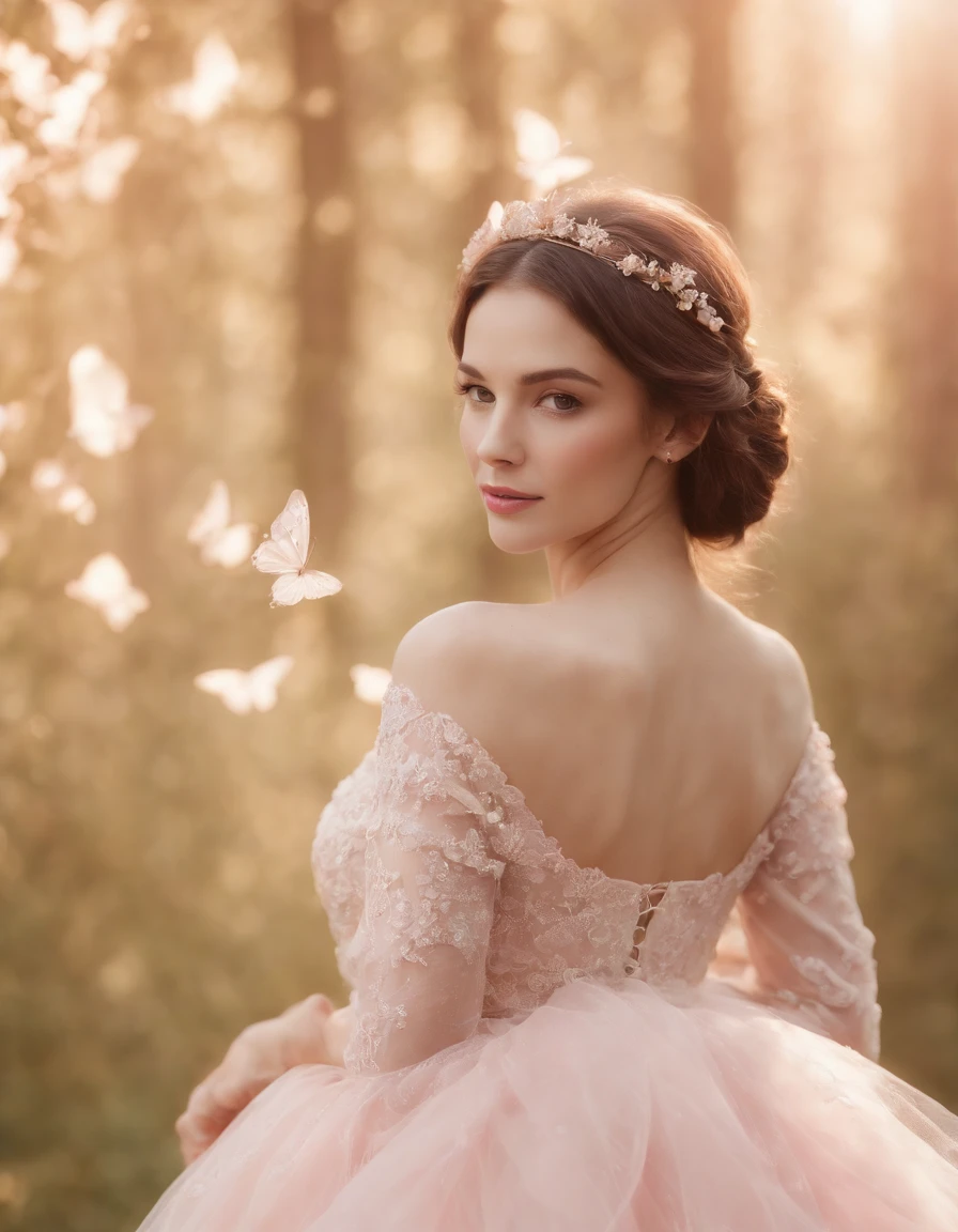 cinematic photo . 35mm photograph, film, bokeh, professional, 4k, highly detailed,A woman wearing a wedding dress in a light red and pink style with a nature-inspired pattern, close-up, tulle fabric, Iberê Camargo, beautiful, made of butterflies, front,medium shot