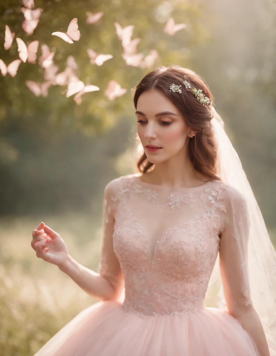 cinematic photo . 35mm photograph, film, bokeh, professional, 4k, highly detailed,A woman wearing a wedding dress in a light red and pink style with a nature-inspired pattern, close-up, tulle fabric, Iberê Camargo, beautiful, made of butterflies, front,medium shot