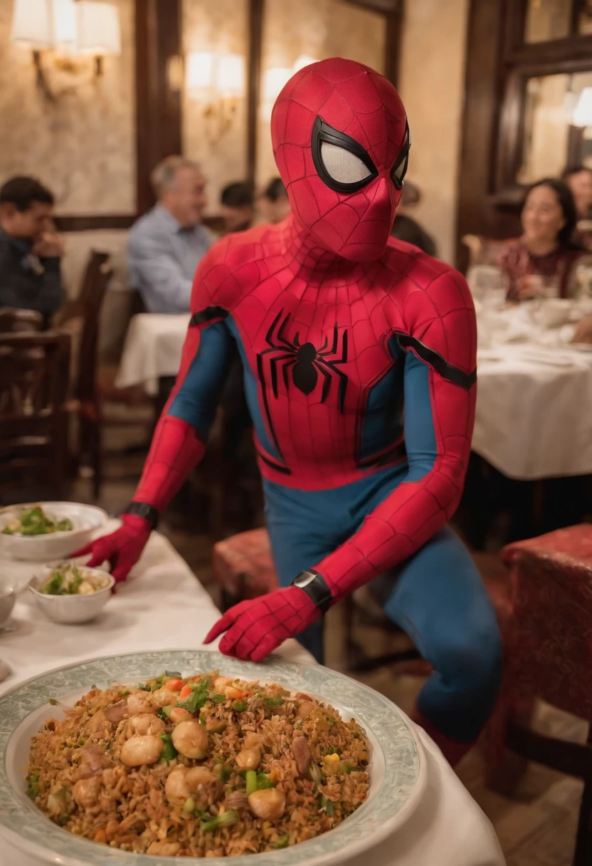 Cinematographer, ultra realista, Ropa detallada, Bellamente detallado, UHD, HDR, Altas Resoluciones, ultra detallado, Detalles intrincados, Efectos texturales, absurdos, obra maestra, 8k:1.2. En esta imagen, vemos a Spider-Man en un inusual descanso de sus actividades heroicas. He's standing in a chic Asian restaurant in his iconic costume.............................. Spider-Man holds a bowl of Chinese fried rice mixed with oriental stir-fried noodles in his hands skillfully.., usando unos elegantes palillos chinos para llevar un bocado a su boca. The plate is full of fried rice, salteado. The restaurant is decorated with traditional Chinese elements, como linternas rojas colgando del techo y dragones dorados esculpidos en las paredes. The dim light of the lanterns creates a warm and welcoming atmosphere in the place.