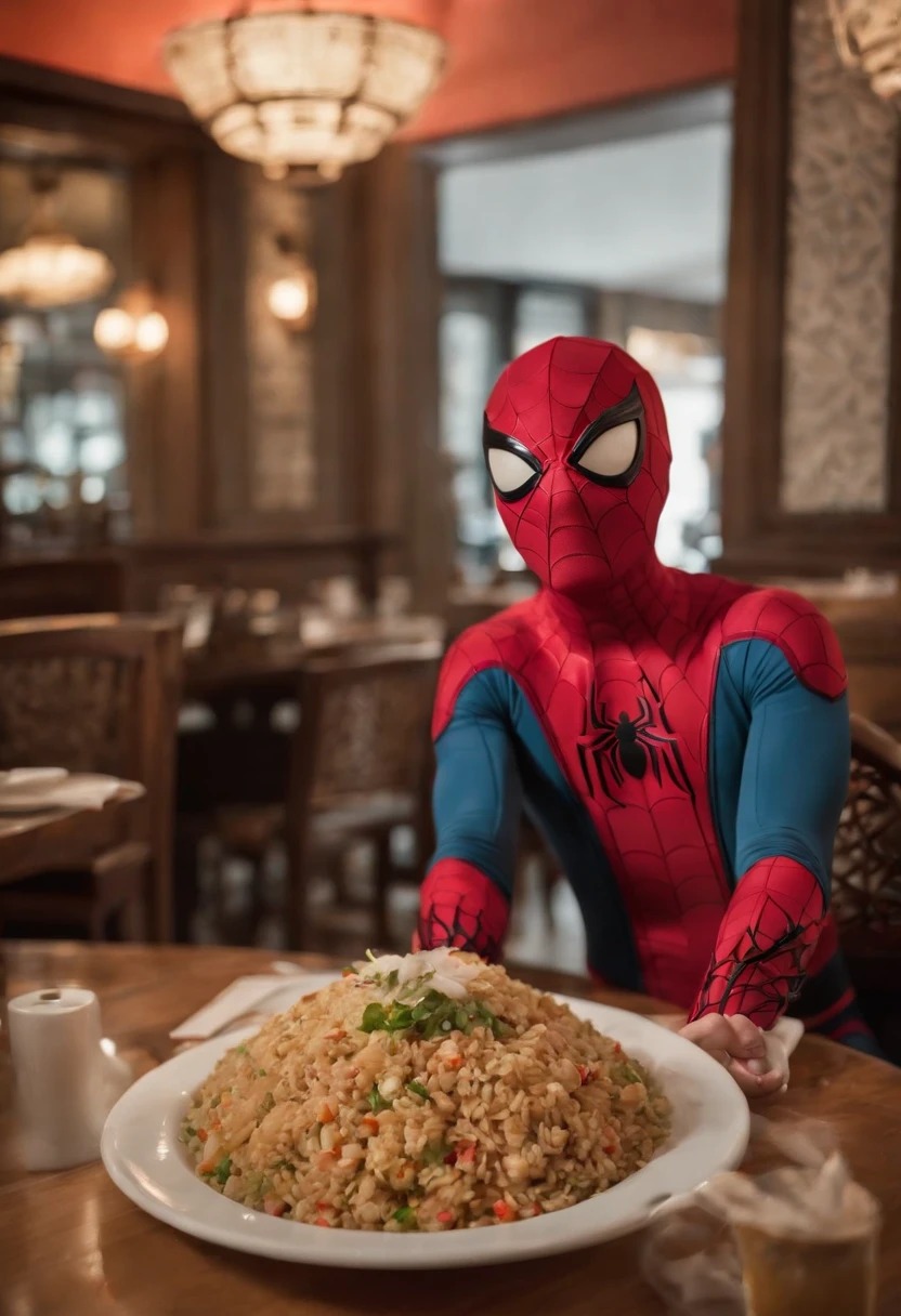 Cinematographer, ultra realista, Ropa detallada, Bellamente detallado, UHD, HDR, Altas Resoluciones, ultra detallado, Detalles intrincados, Efectos texturales, absurdos, obra maestra, 8k:1.2. En esta imagen, vemos a Spider-Man en un inusual descanso de sus actividades heroicas. He's standing in a chic Asian restaurant in his iconic costume.............................. Spider-Man holds a bowl of Chinese fried rice mixed with oriental stir-fried noodles in his hands skillfully.., usando unos elegantes palillos chinos para llevar un bocado a su boca. The plate is full of fried rice, salteado. The restaurant is decorated with traditional Chinese elements, como linternas rojas colgando del techo y dragones dorados esculpidos en las paredes. The dim light of the lanterns creates a warm and welcoming atmosphere in the place.