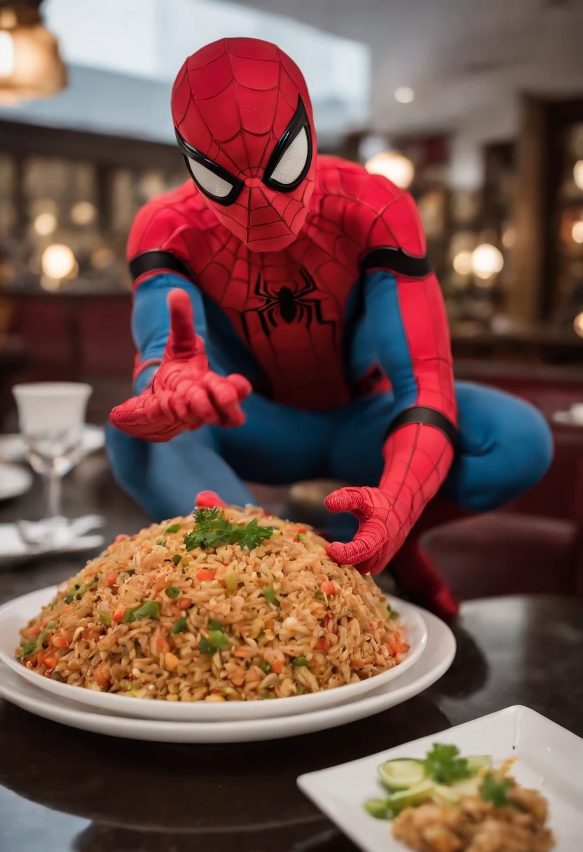Cinematographer, ultra realista, Ropa detallada, Bellamente detallado, UHD, HDR, Altas Resoluciones, ultra detallado, Detalles intrincados, Efectos texturales, absurdos, obra maestra, 8k:1.2. En esta imagen, vemos a Spider-Man en un inusual descanso de sus actividades heroicas. He's standing in a chic Asian restaurant in his iconic costume.............................. Spider-Man holds a bowl of Chinese fried rice mixed with oriental stir-fried noodles in his hands skillfully.., usando unos elegantes palillos chinos para llevar un bocado a su boca. The plate is full of fried rice, salteado. The restaurant is decorated with traditional Chinese elements, como linternas rojas colgando del techo y dragones dorados esculpidos en las paredes. The dim light of the lanterns creates a warm and welcoming atmosphere in the place.
