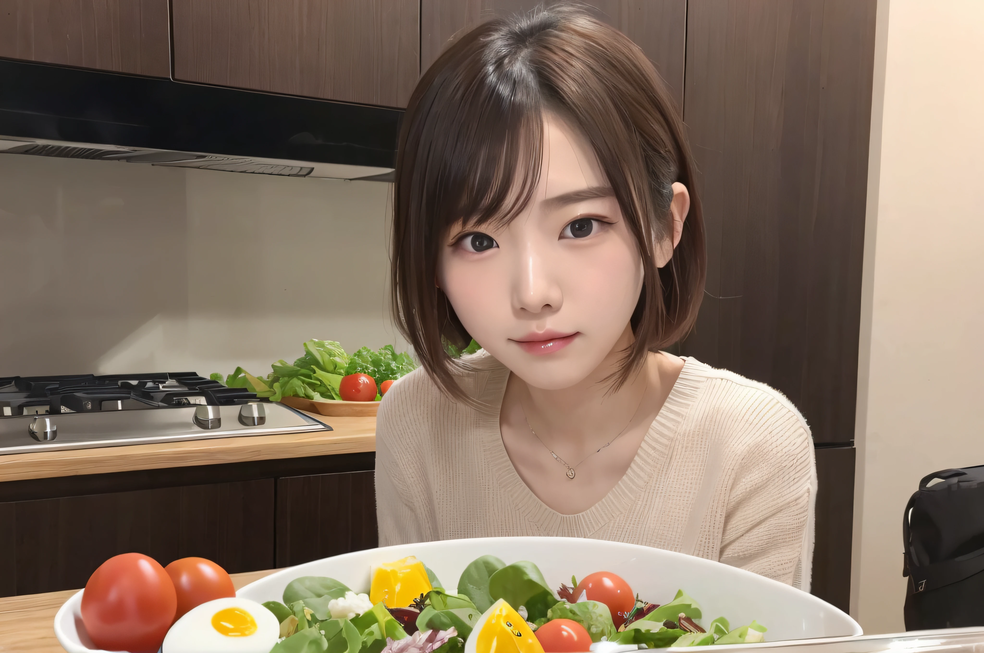 女の子1人、Korean Idols、18year old、Woman eating salad、salad、tomatoes、boiled egg、lettuce、超A high resolution、