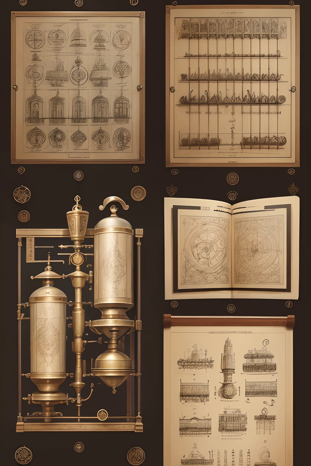 An old scroll unfolded with sketches of automatons and simple machines.