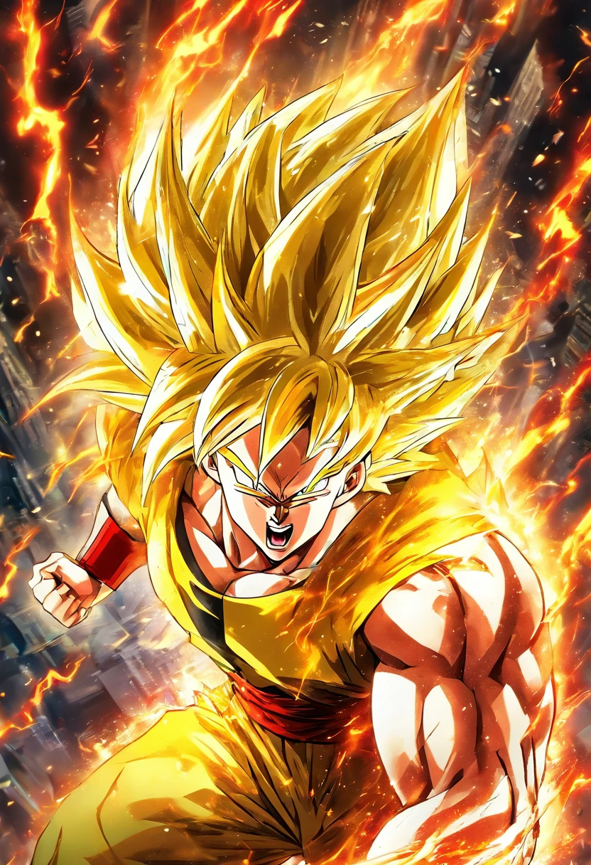 Super Super Sayakin, Diamond-yellow hair and red eyes,Black pencils are drawn around, white apparel,Dragon Tower Pass print, Good open scream, Fierce battles with enemies, Heaven and earth scenery