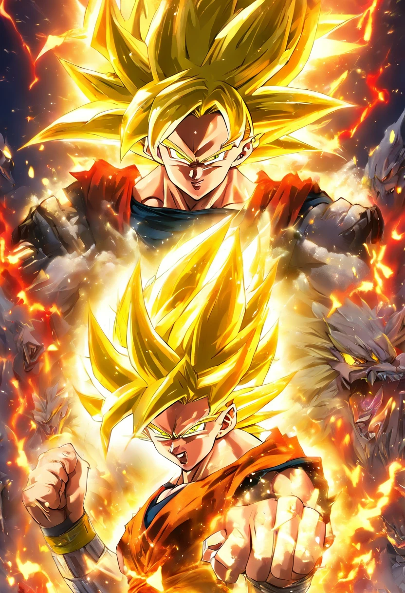 Super Super Sayakin, Diamond-yellow hair and red eyes，Black pencils are drawn around, white apparel，Dragon Tower Pass print, Good open scream, Fierce battles with enemies, Heaven and earth scenery