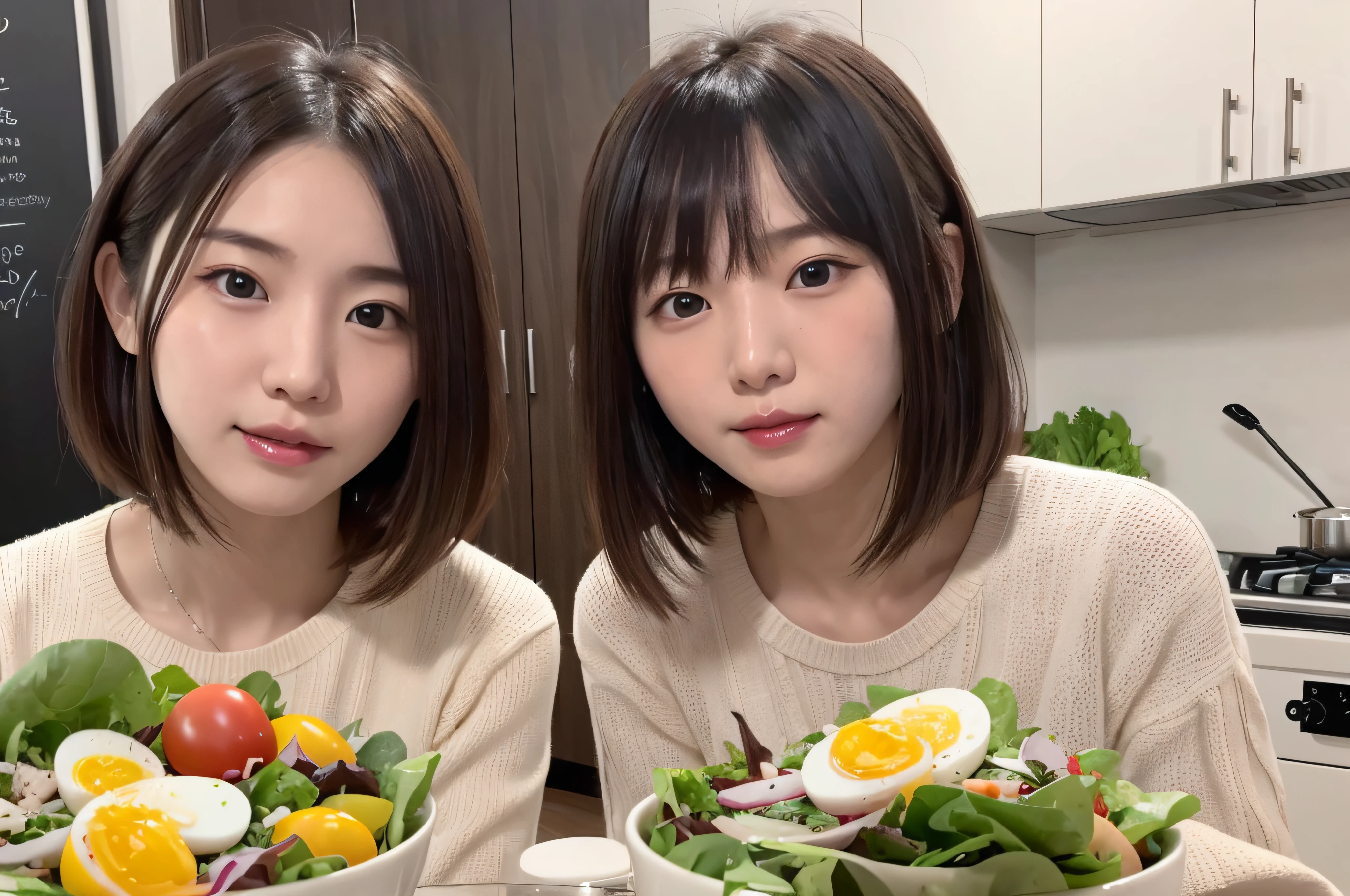 1人、Korean Idols、18year old、Woman eating salad、salad、tomatoes、boiled egg、lettuce、超A high resolution、