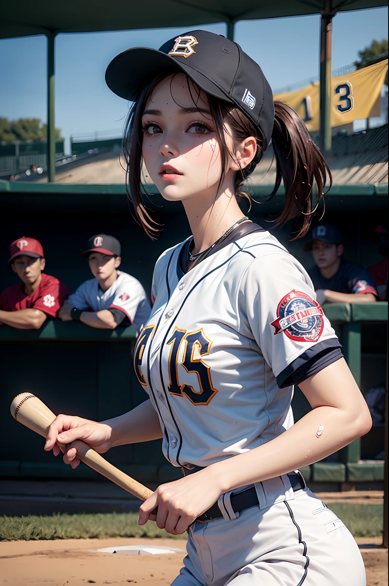 (Details of a very beautiful face), (Best Quality:1.4), 8K resolution, High resolution, 1womanl, Beautiful woman, best beauty, Super beautiful detailed face, Smooth skin, inely detailed beautiful eyes, Official portrait, Fine skin texture, Gloss on lips, Parted lips, Japanese, baseball uniform, Baseball Cap,, Large breasts, thin waist, big butts, pitcher, Lancer, Playing Baseball, Dynamic, Motion Blur, baseball field, Sweating, sweat splashing,