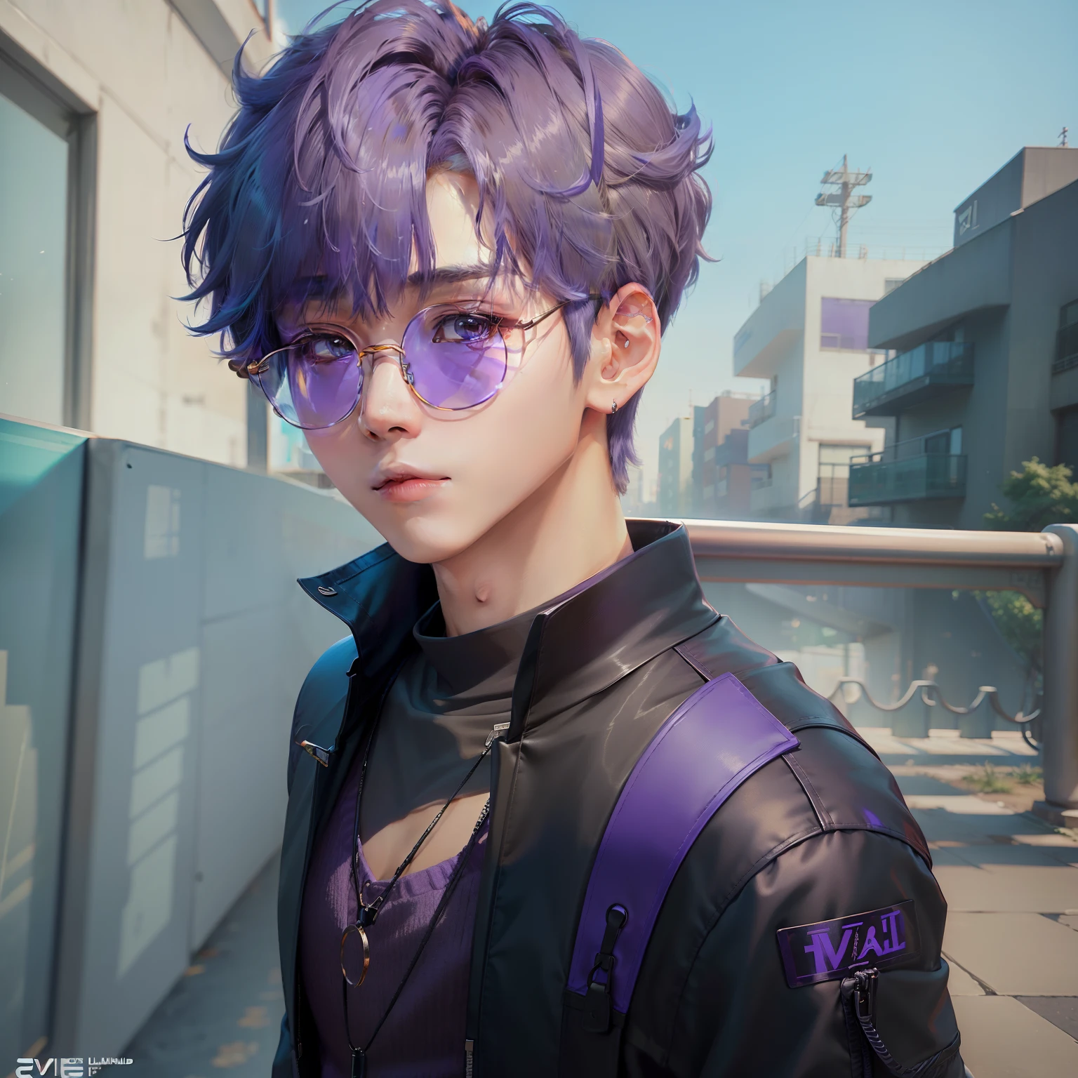 1boy, asianboy, realistic, 8k, ike eveland nijisanji, nijisanji EN, ike eveland vtuber, blue and purple hair, wear a round glasses, handsome boy, casual outfit, extremely detailed, cool vibes