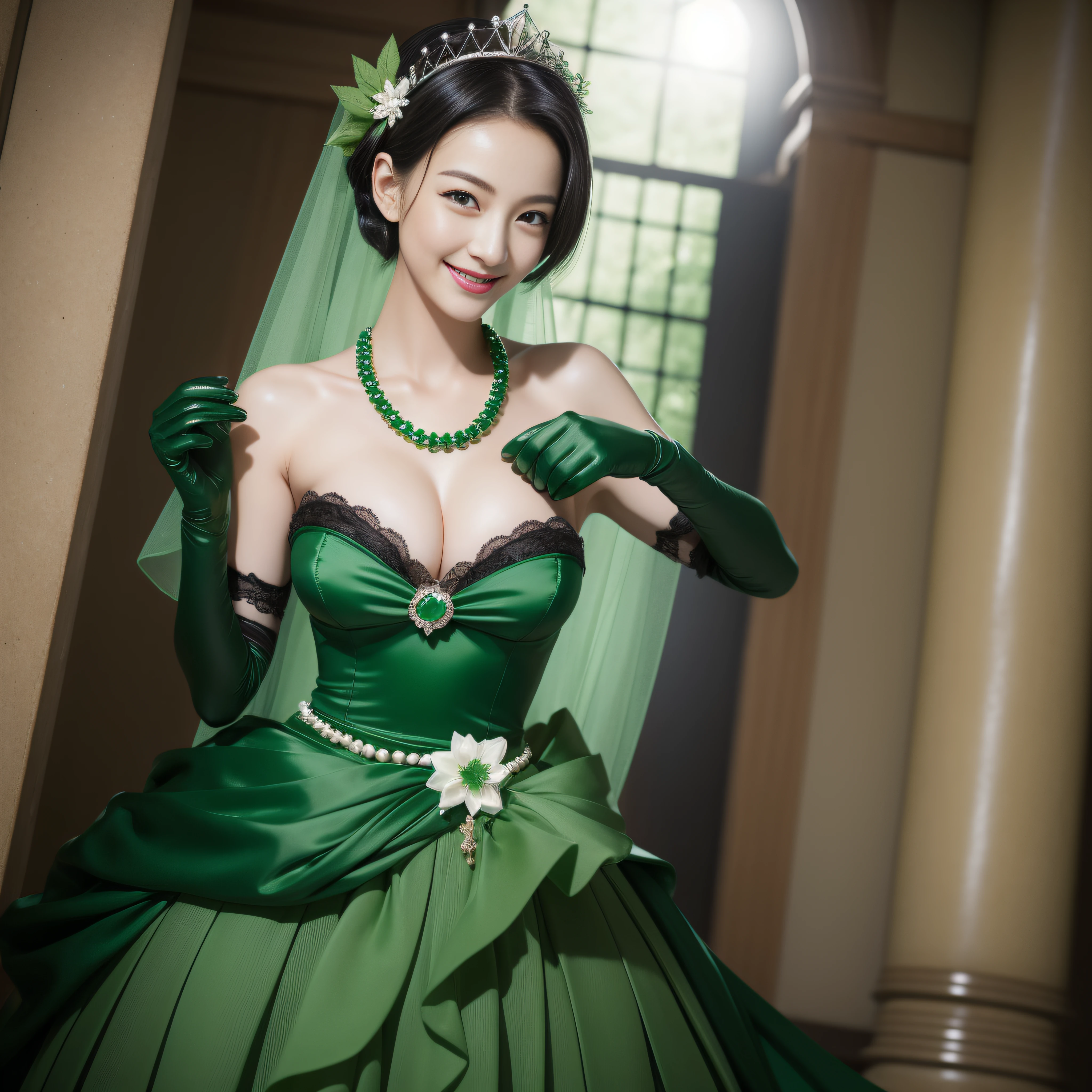 Boyish very short black hair, lipsticks, Japan woman smiling, Green Long Grove, Emerald Tia boyish very short black hair, lipsticks, Japan woman smiling, Satin green long gloves, emerald tiara, Pearl Necklace, verd s eyes, Green eyes, Long green gloves made of satin material, big breasts beautiful, Green Bridal Veil