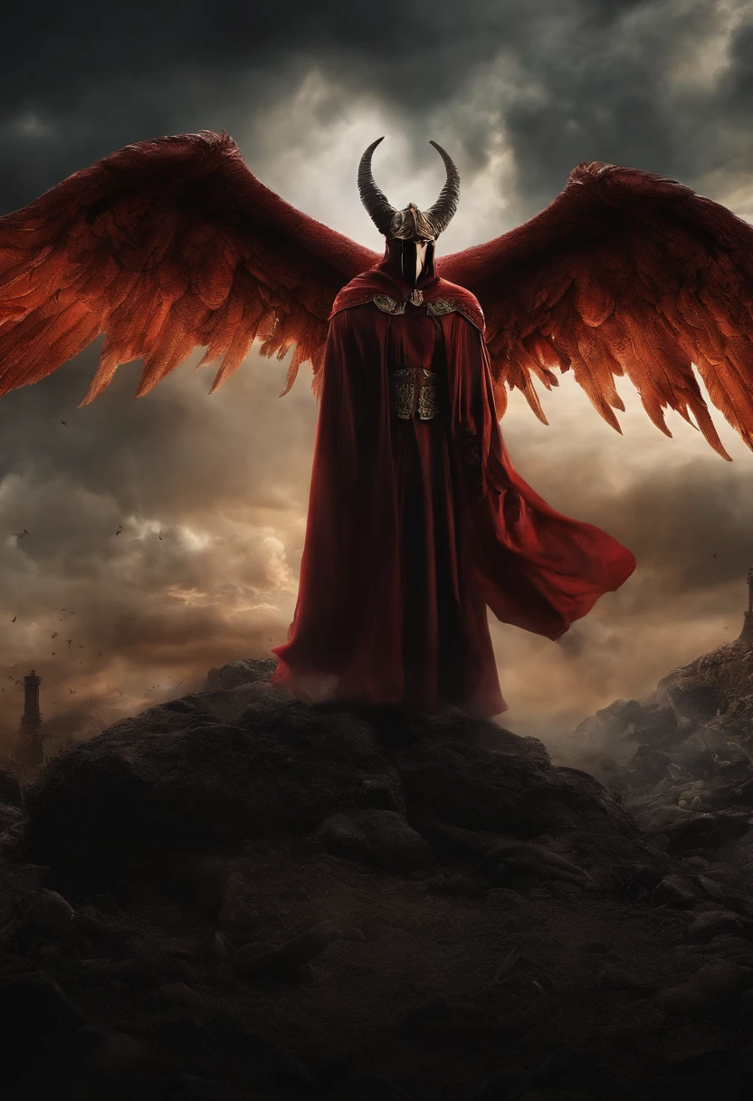 Realistic, 4k, Um anjo com grandes asas, uma espada, A hood over the head in the background image of a war in the skies between angels and demons that look like monsters with horns and wings (caos)