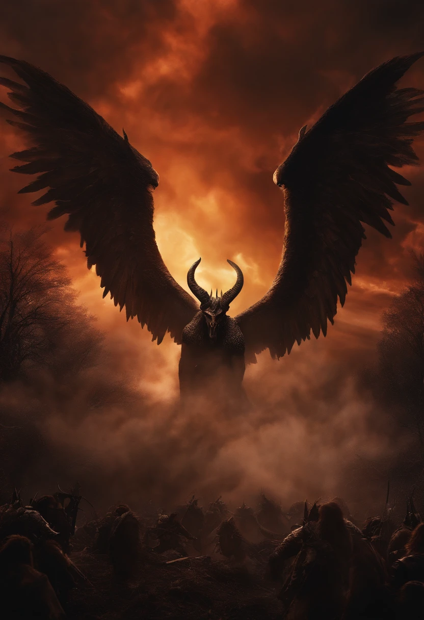 Realistic, 4k, Um anjo com grandes asas, uma espada, A hood over the head in the background image of a war in the skies between angels and demons that look like monsters with horns and wings (caos)