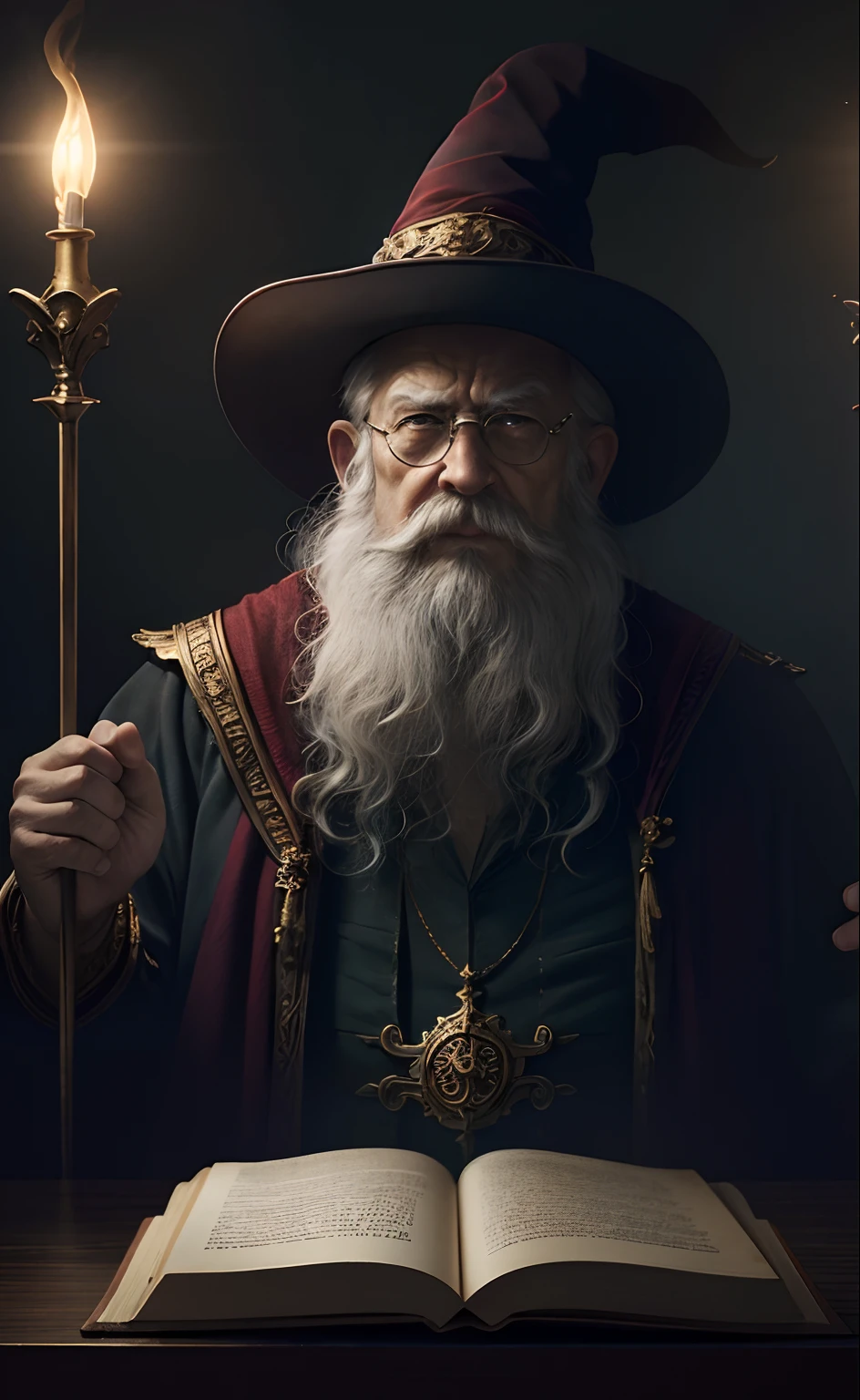 A wizard,old man with white long beard,wizard clothing, smoking a cigar, photorealistic, hyper realistic, lighting, wearing round glasses