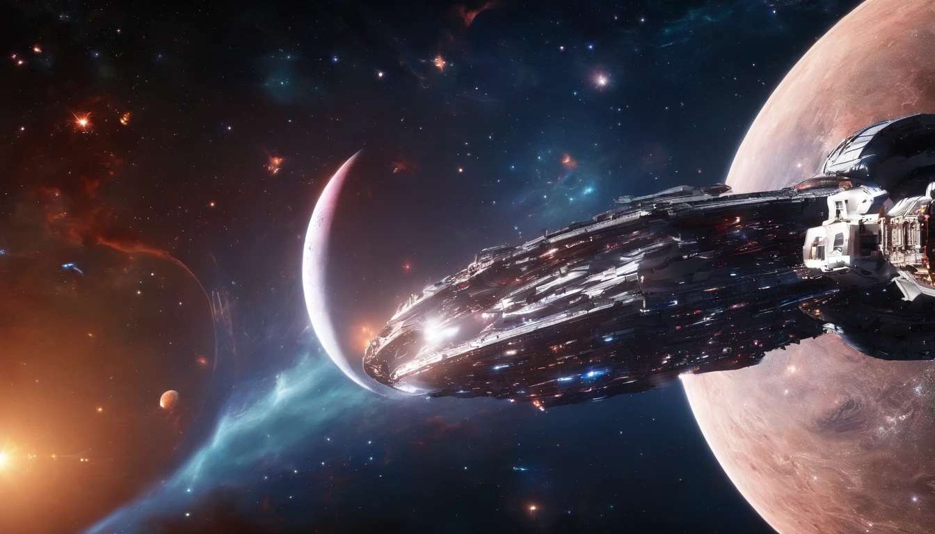 ((Masterpiece))，(Best quality))，Magnificent space image scene，heavenly body，Interstellar，（（Huge star gates）），black hole，（（（Huge starship））），Spaceship，Shining starry sky，8K，super-fine，high qulity