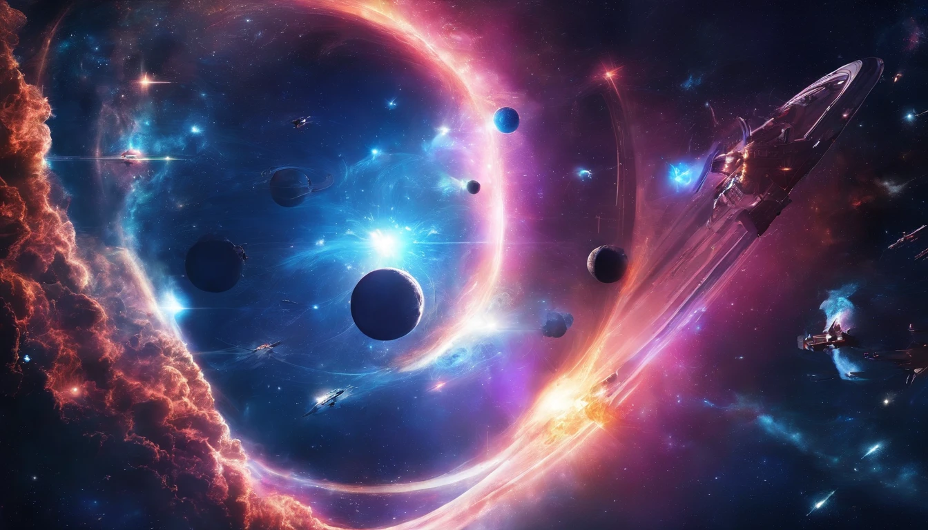((Masterpiece)),(Best quality)),Magnificent space image scene,heavenly body,Interstellar,((Huge star gates)),black hole,(((Huge starship))),Spaceship,Shining starry sky,8K,super-fine,high qulity