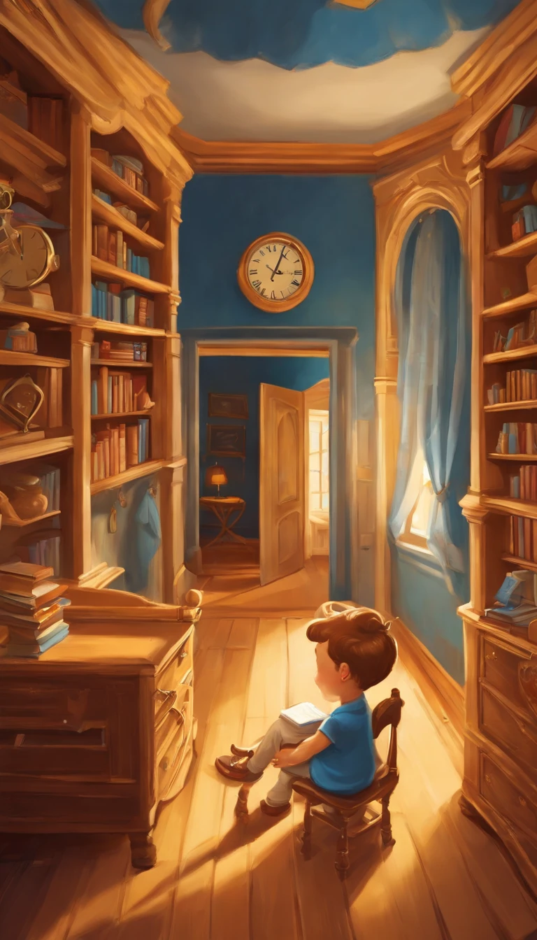 there is a room with (a light wood-colored bed with white sheets, yellow pillows and blue duvet), (a light wood-colored desk with a pencil, a notebook and a textbook), (a light wood-colored chair in front of the desk), (a double-door wardrobe with one door open and clothes inside), a patterned carpet, a wall clock, a wall painting, (a bookcase with several books on the shelves), a full-length mirror, interior gameplay screenshot, in a candy land style house, screenshot from the game, a boy character in the middle of the room, the room has no roof, game scene with camera viewpoint at a 45-degree inclination from above