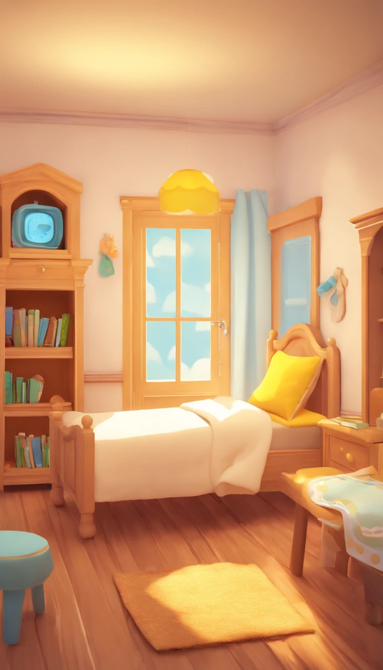 there is a room with (a light wood-colored bed with white sheets, yellow pillows and blue duvet), (a light wood-colored desk with a pencil, a notebook and a textbook), (a light wood-colored chair in front of the desk), (a double-door wardrobe with one door open and clothes inside), a patterned carpet, a wall clock, a wall painting, (a bookcase with several books on the shelves), a full-length mirror, interior gameplay screenshot, in a candy land style house, screenshot from the game, a boy character in the middle of the room, the room has no roof, game scene with camera viewpoint at a 45-degree inclination from above