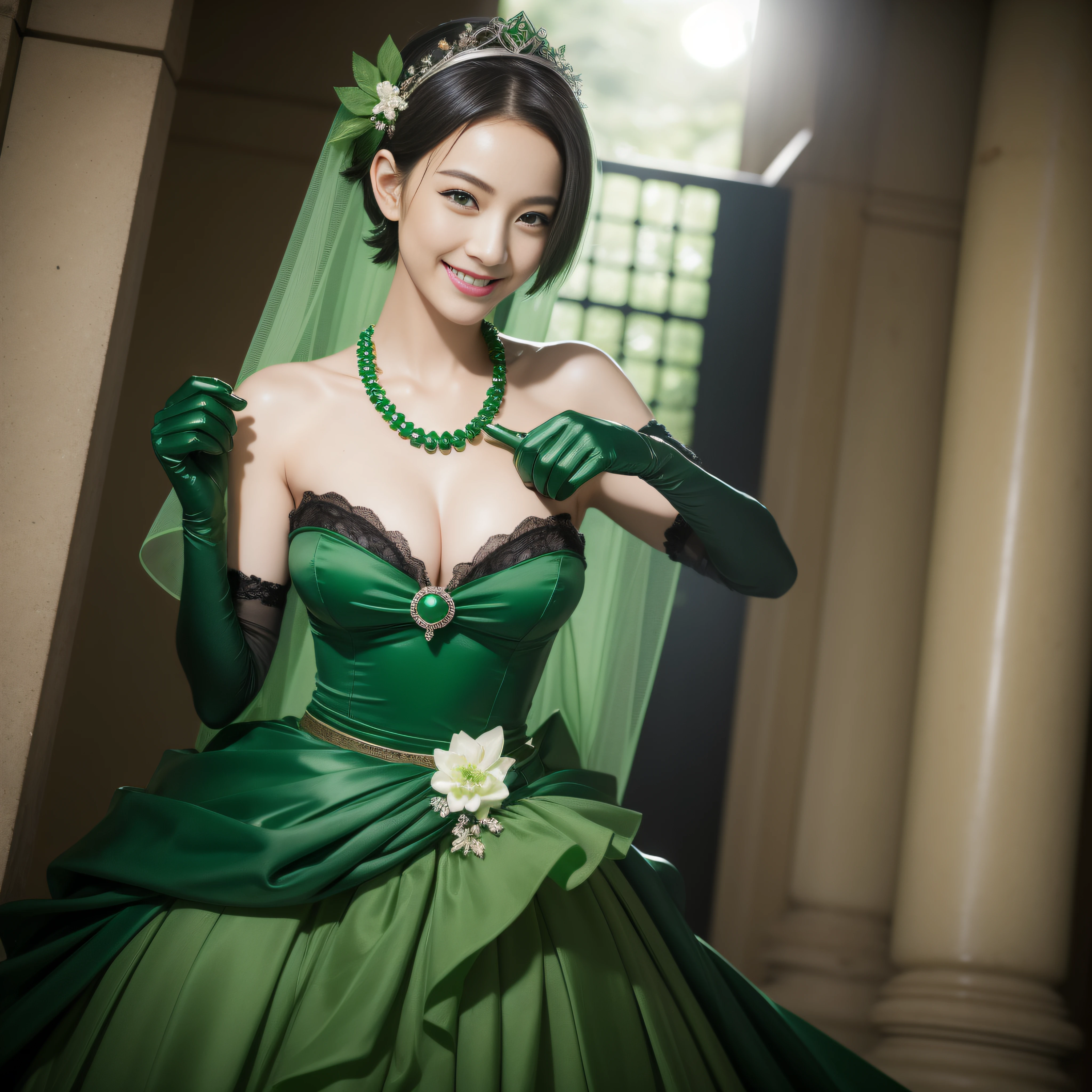 Boyish very short green hair, lipsticks, Japan woman smiling, Green Long Grove, Emerald Tia boyish very short black hair, lipsticks, Japan woman smiling, Satin green long gloves, emerald tiara, Pearl Necklace, verd s eyes, Green eyes, Long green gloves made of satin material, big breasts beautiful, Green Bridal Veil