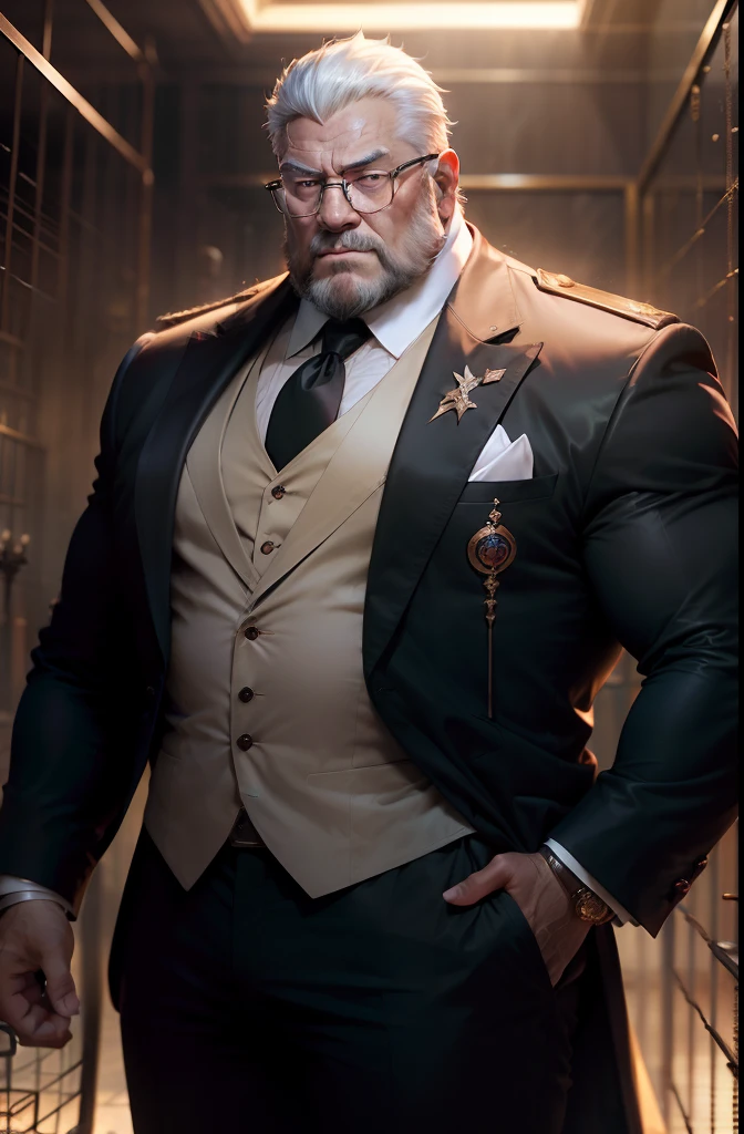 old man, bara,royal commander, thick body, slightly fat,ornate suit,long tie,white beard,white hair,handsome,glassess, sharp gaze, in cage,glowing red eyes, big bulge, standing, hide hands behind hip, hd quality, masterpiece, extremely detailed, looking to the viewer, perspective view, UHD, 64k, unreal.(highly detailed skin), (detailed face), detailed background, dark lighting, twilight lighting, volumetric lighting, intricate details, UHD