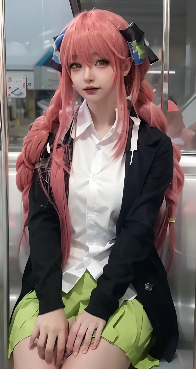 Pink-haired Arapefi girl sitting on a subway train, Anime girl in real life, Anime girl cosplay, Anime cosplay, as an anime character, realistic cosplay, long bubblegum hair, hyper realistic anime, Long pink hair, with pink hair, 1 7 - year - old anime goth girl, Anime-style, pink twintail hair and cyan eyes,ultra-realistic realism,Clear faces