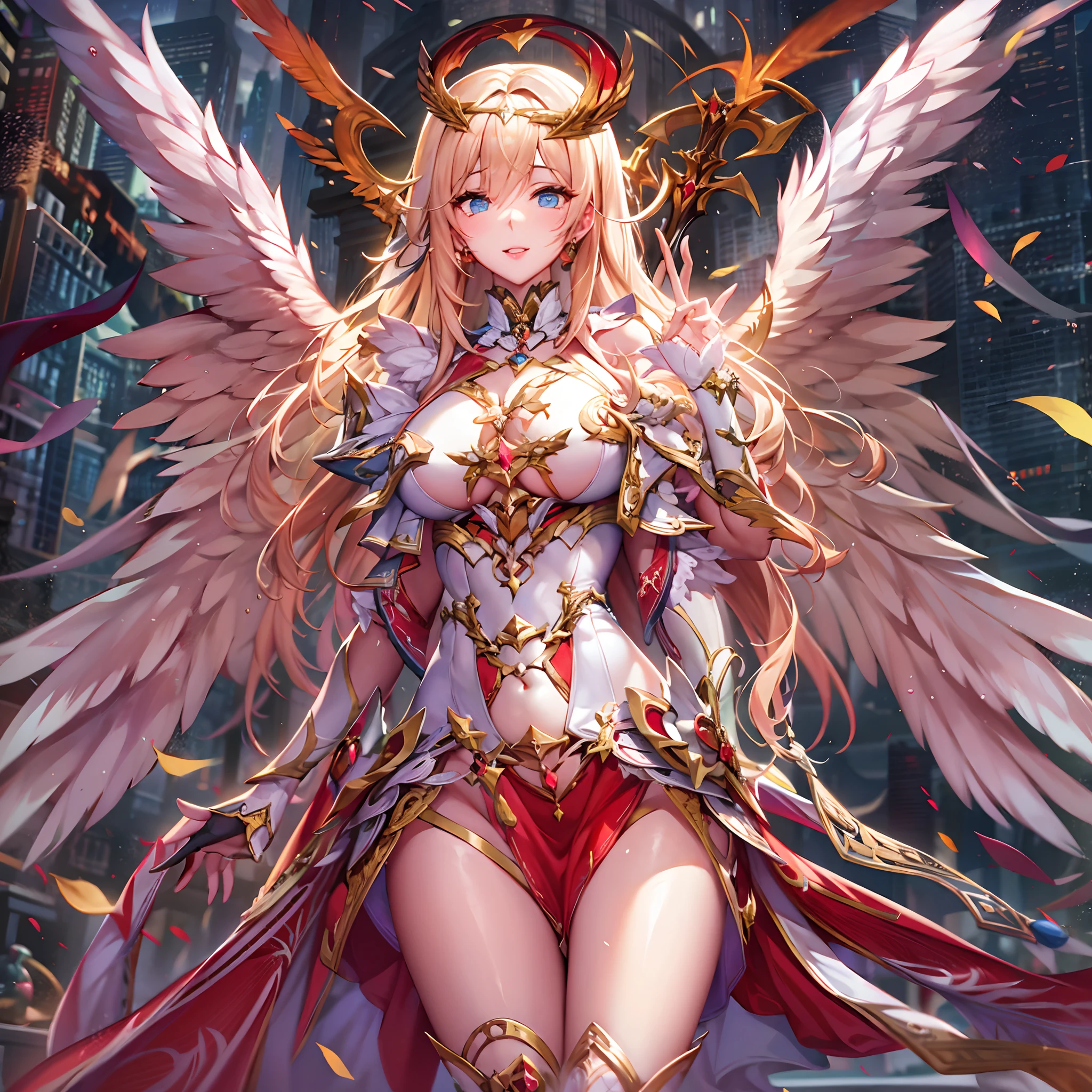 Quality over 8K, a female angel,Sexy,Long Blonde Hair,Anime,Goddess,Symmetrical blue eyes,Ultra detailed eyes,Transparent lingerie,forest,Sword,golden wings,Full body,hyperdetailed lips, hyperdetailed face, Double eyelids, Ultra Detailed feet,で,Beautiful legs,Tight boots,Full Leg Priestess、valkyrie、Angel wings、a navel、sideboob barbosa、Complex、Particles of light、thighs thighs thighs thighs、shinny skin、Perfect litthing、1girl in、looking at the viewers、Winged headgear、pelvis curtain、A smile、(​masterpiece)、(top-quality)、Very gigantic-breasts、maternal、Porcelain Skin、honey blonde hair、Very long hair、hair wavy(valkyrie,Paladin:0.6),Angel wings,with an intricate, Perfect Lighting,  Looking at Viewer,(masutepiece), (Best Quality)(valkyrie,Paladin:0.6),Angel wings,with an intricate, Perfect Lighting,  Looking at Viewer,(masutepiece), (Best Quality)(ValkyrieArmor:0.5),(Winged headgear:1.1),School Girl,,with an intricate, Perfect Lighting, 1girl in, Ponytail, Looking at Viewer, Smile, snulight,creek,blazing(masutepiece), (Best Quality),thighs thighs thighs thighs 、a beauty girl，red color mecha，As graceful as a swan，Enchanting，Long grey hair，Red body，Fluorescence line，White hands，lab room，FutureTech，Red indicator light on the body，Full body photo，standing on your feet，dreamy scene，，dyna，super detailing，Cell shade，8K detail post-processing，magnifica，hyperphotorealism，8K，epic composition，intricate-detail，unrealengine，Flying，Laser Cannon，Holy Angel Mecha，Mechanical exoskeleton，whaite hair，golden pupils，flower  sea，Eventide，Angel Maiden，Angel wings，White long skirt，war，Best Quality Combat Stance, 4K, masutepiece :1.3), short petite pretty woman, Blue-haired、Curly hair、length hair、Colossal tits、 Ultra-detailed face、maid clothes、Detailed eyes, sluttish, Pose Seductive,  Smooth skin, (huge-breasted), Round breasts、red blush。kawaii、Shy、Crying face 1 girl、nightcity、Sateen、Kimono without sleeves、A dark-haired、Holding a weapon with blood on it、Looking at the camera、Cherry blossoms are danci