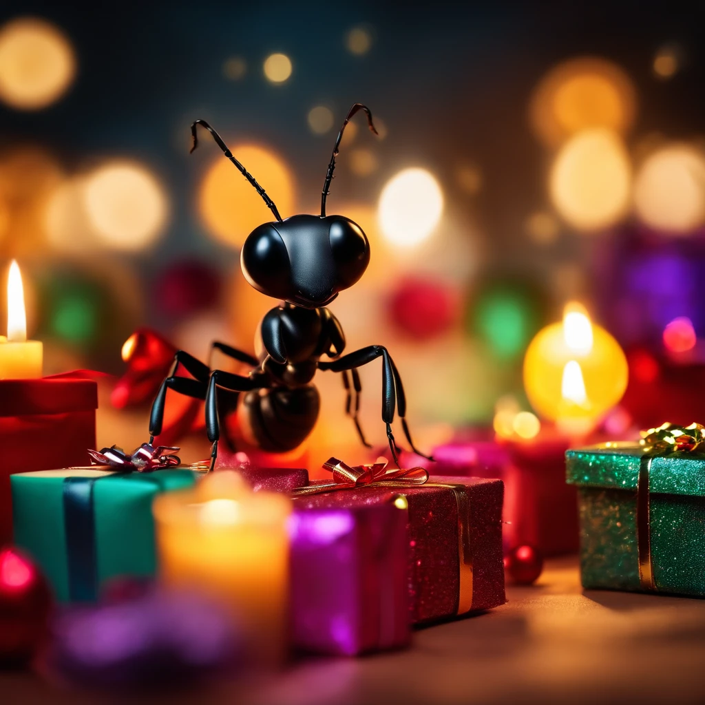 an ant surrounded with many gifts in shiny Christmas with colorful light