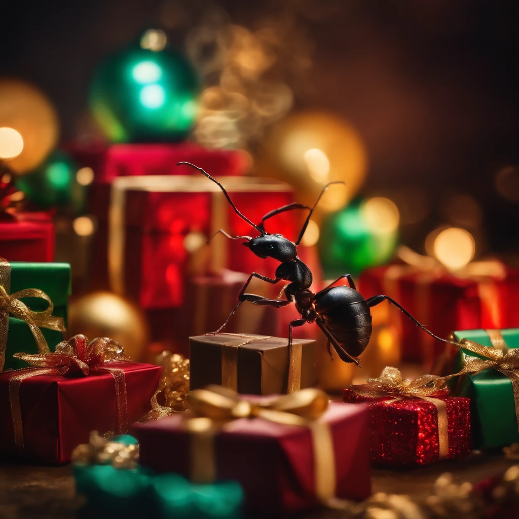 an ant surrounded with many gifts in shiny Christmas with colorful light