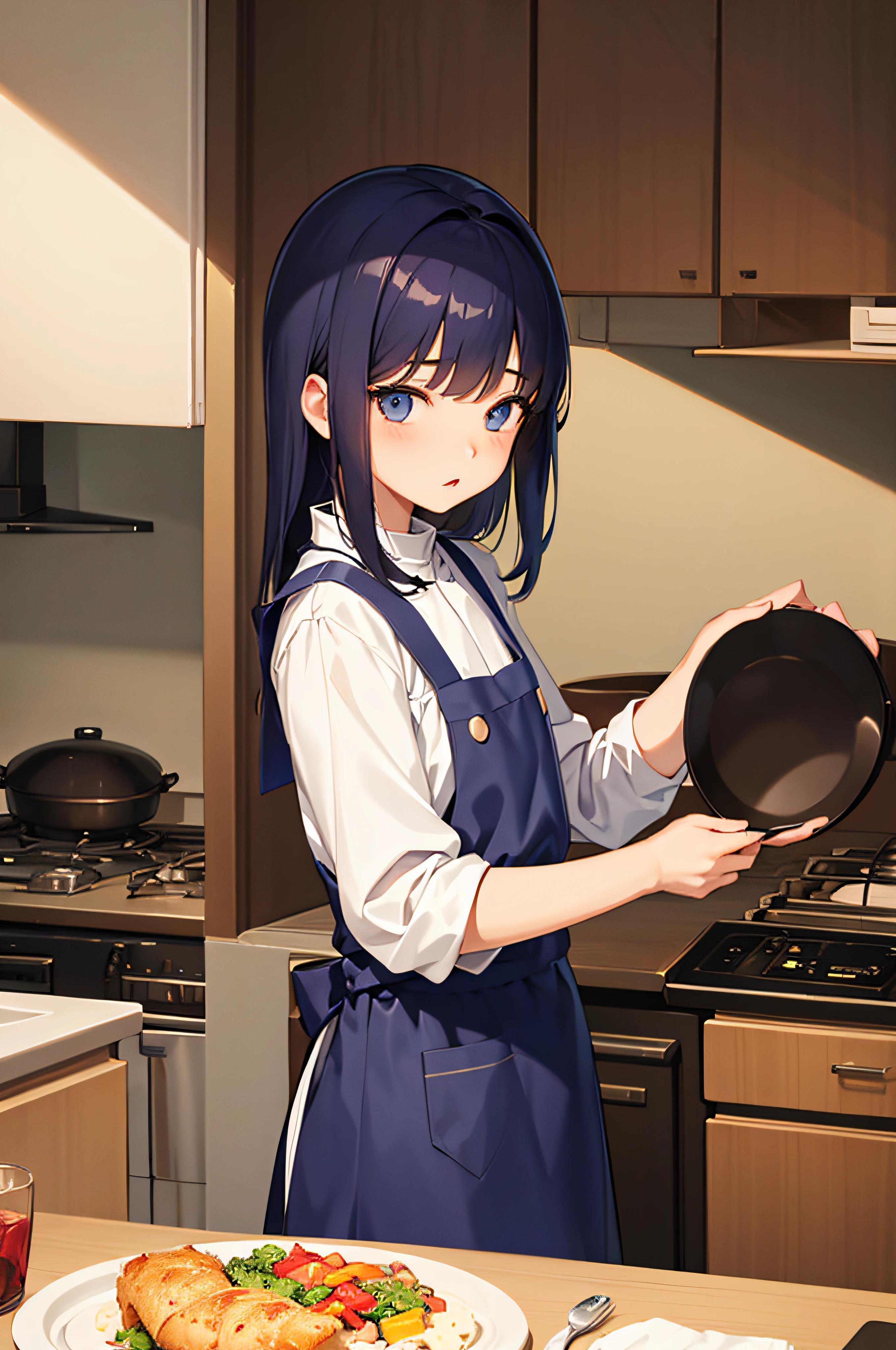 masterpiece、top-quality、1 girl in、20yr old、pinafore、Woman cooking、cuite、cooking、kitchin