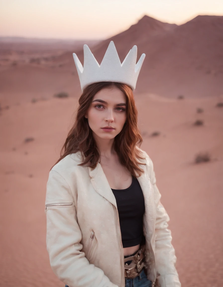 a young girl poses in a desert with a foam crown, jacket, and hat, in the style of pastel punk, kingcore, genderless