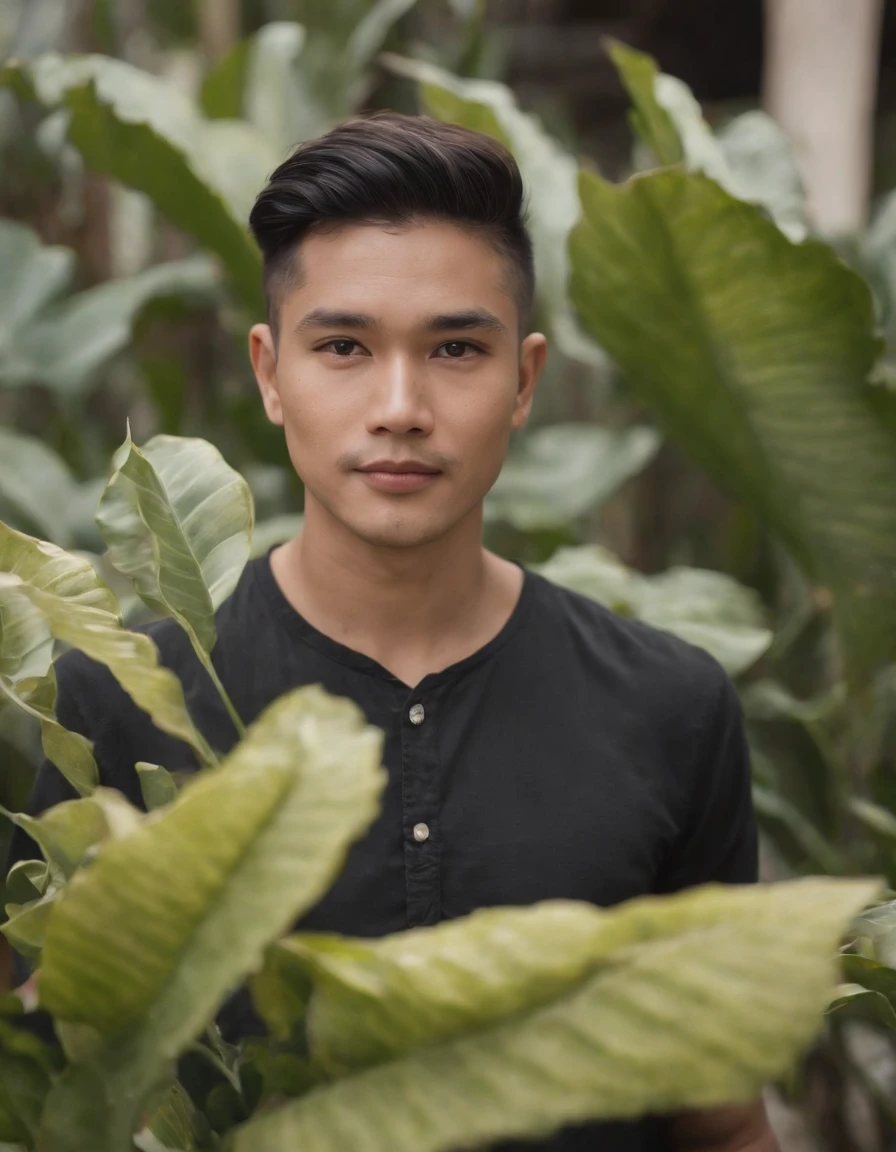 a man standing in front of some flowering plants, in the style of traditional balinese motifs, contemporary realist portrait photography, genderless, light brown and black, sony alpha a7 iii, wavy, folkloric portrait