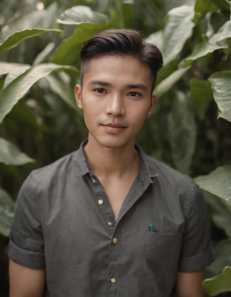 a man standing in front of some flowering plants, in the style of traditional balinese motifs, contemporary realist portrait photography, genderless, light brown and black, sony alpha a7 iii, wavy, folkloric portrait