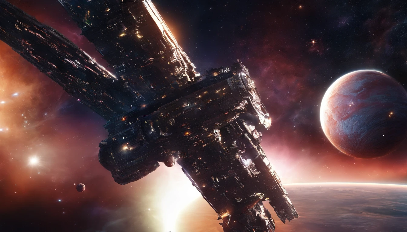 ((Masterpiece)),(Best quality)),Magnificent space image scene,heavenly body,Interstellar,((Huge star gates)),black hole,(((Huge starship))),Spaceship,Shining starry sky,8K,super-fine,high qulity