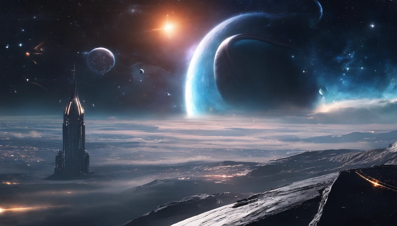((Masterpiece)),(Best quality)),Magnificent space image scene,heavenly body,Interstellar,((Huge star gates)),black hole,(((Huge starship))),Spaceship,Shining starry sky,8K,super-fine,high qulity