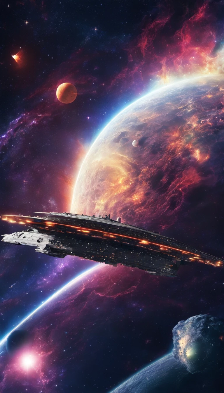((Masterpiece)),(Best quality)),Magnificent space image scene,heavenly body,Interstellar,((Huge star gates)),black hole,(((Huge starship))),Spaceship,Shining starry sky,8K,super-fine,high qulity