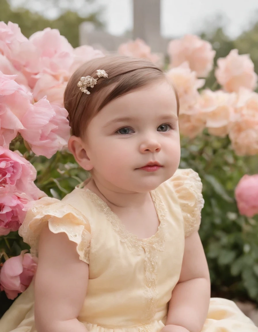 this cute bab in front of flowers, in the style of taylor wessing, candid portraits, light yellow and light pink, mary cassatt, playful details, ferrania p30, candid moments captured