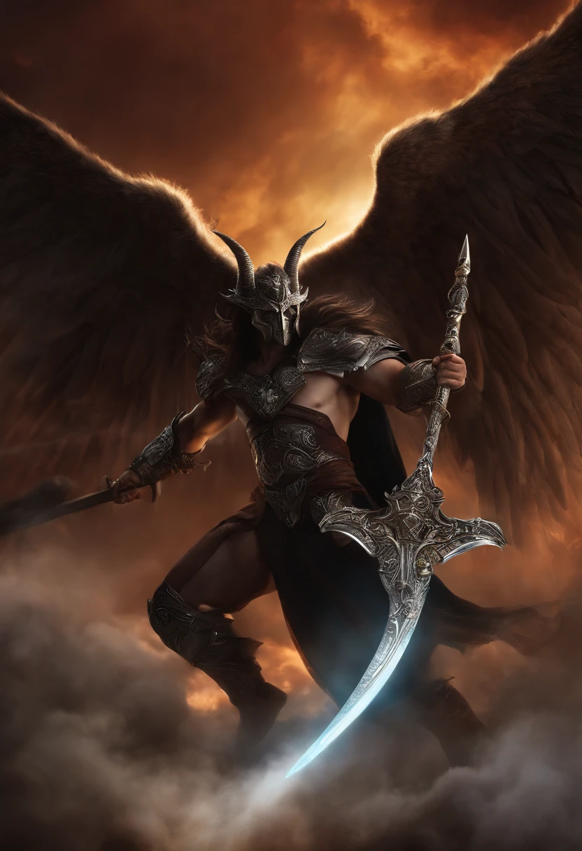 Realistic, 4k, Um anjo de deus com grandes asas, uma espada, A hood over the head and in the background image a war in the heavens between angels and demons that look like monsters with horns and wings fighting the angels with large wings, uma espada, A hood over his head (caos)