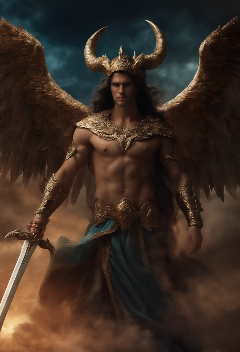 Realistic, 4k, Um anjo de deus com grandes asas, uma espada, A hood over the head and in the background image a war in the heavens between angels and demons that look like monsters with horns and wings fighting the angels with large wings, uma espada, A hood over his head (caos)