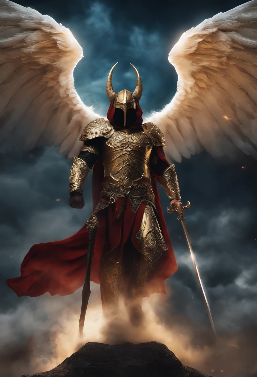 Realistic, 4k, Um anjo de deus com grandes asas, uma espada, A hood over the head and in the background image a war in the heavens between angels and demons that look like monsters with horns and wings fighting the angels with large wings, uma espada, A hood over his head (caos)