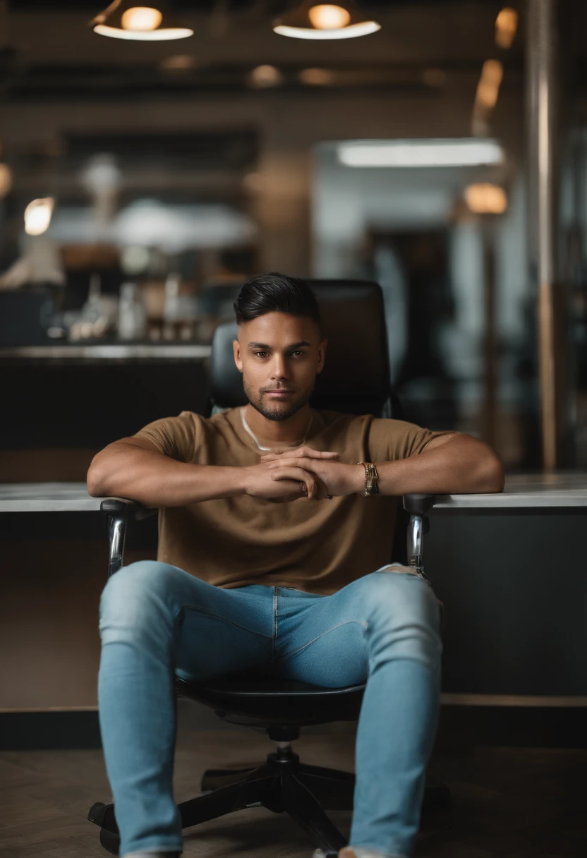 Potrait of a 25 years old man sitting in a chair in a studio, looking straight and center, colourful cyberpunk, wears face mask, center potrait, sitting straight, front view, potrait, center looking at straight, laptop on a table In front of him