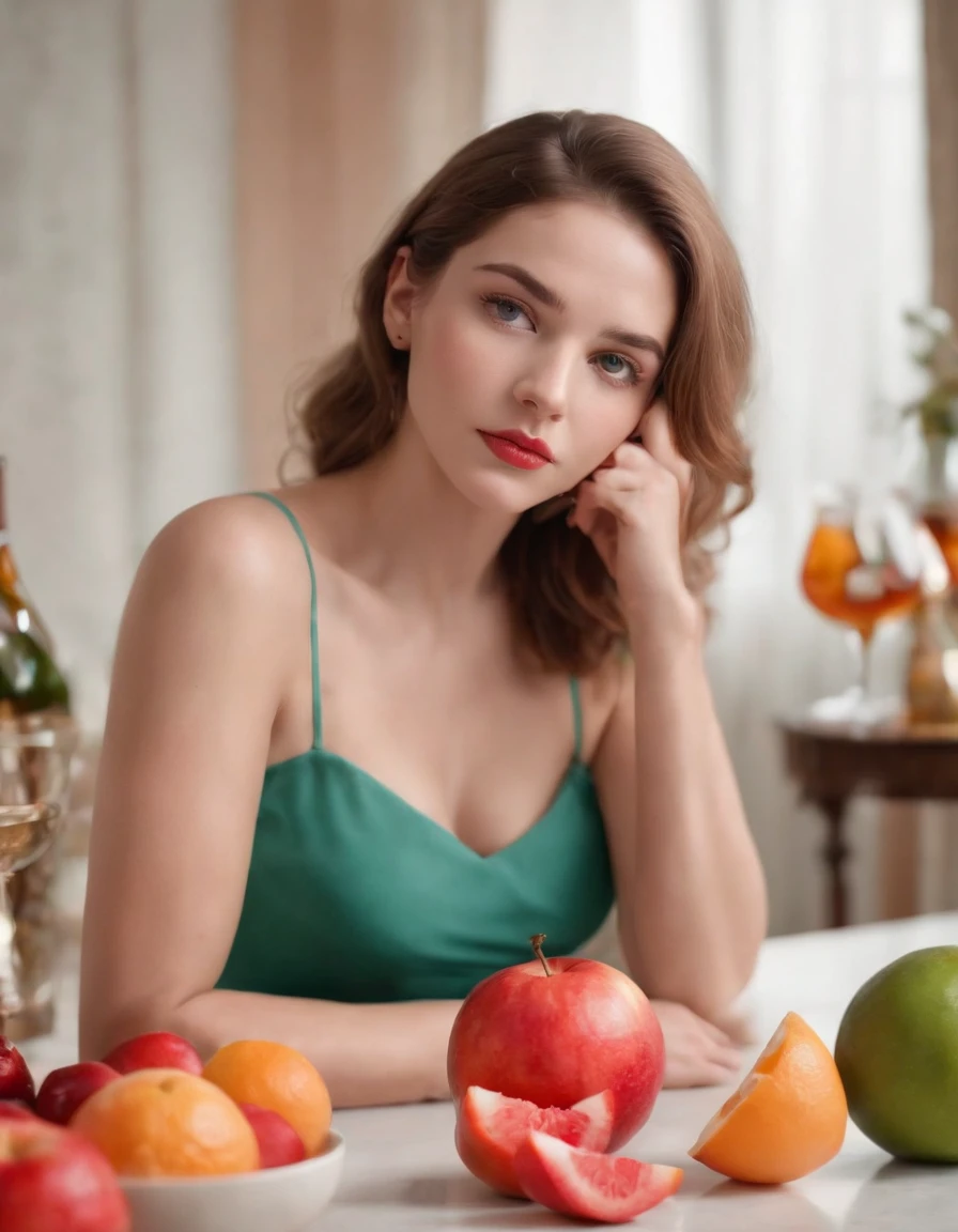 a young woman laying down in front of a table with fruit and cocktail, in the style of light red and light emerald, humorous imagery, wimmelbilder, close up