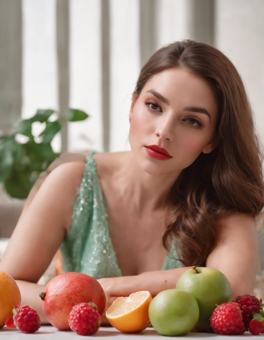 a young woman laying down in front of a table with fruit and cocktail, in the style of light red and light emerald, humorous imagery, wimmelbilder, close up