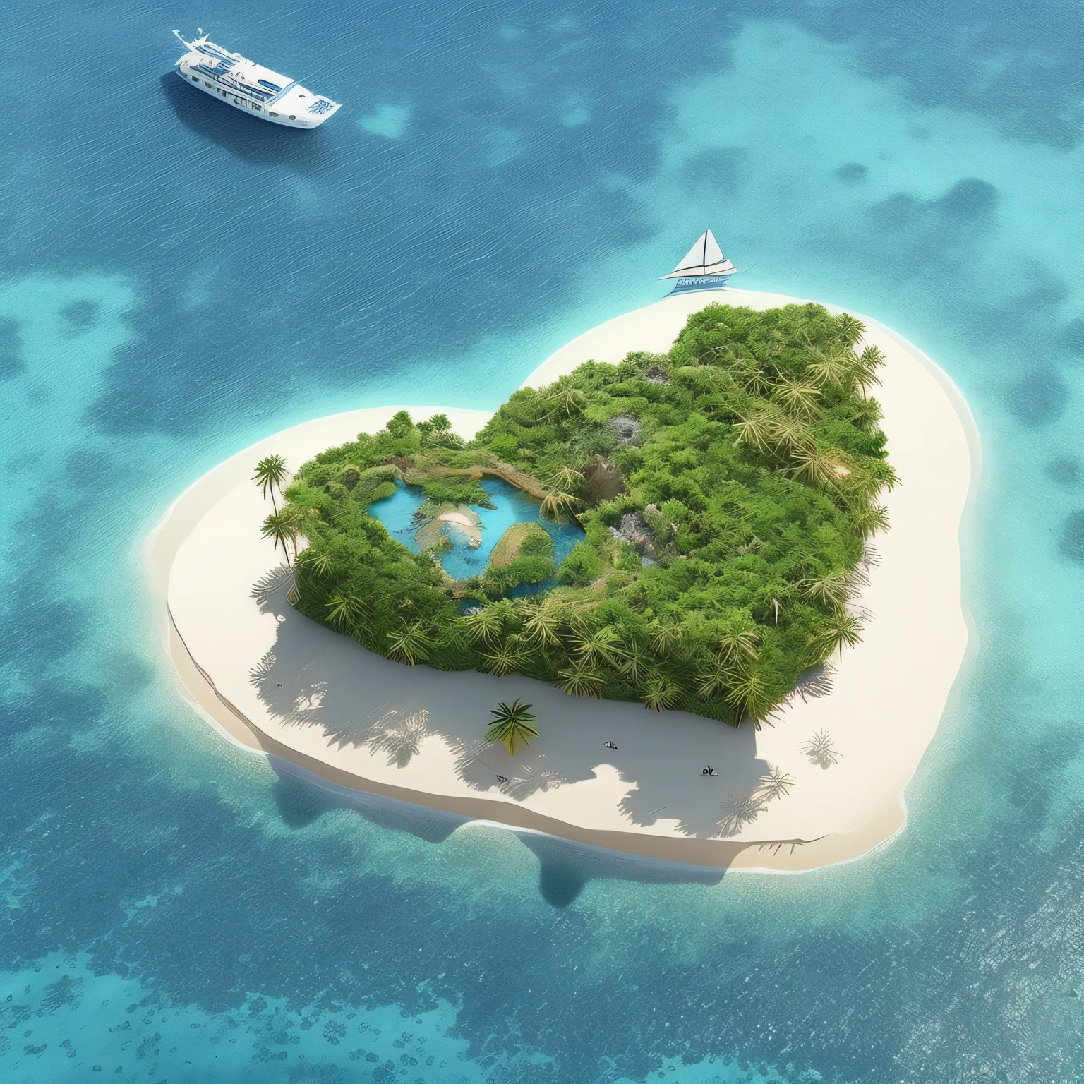 There is a small island in the shape of a peach heart,There is a boat in the middle, an island floating in the air, An island, Floating island, video, Ship on a desert island, tropical island, Island background, Stylized, very stylized, On an island, islands!!!!!, island in a blue sea, paradis, Isolated, illustratio, an island in the background