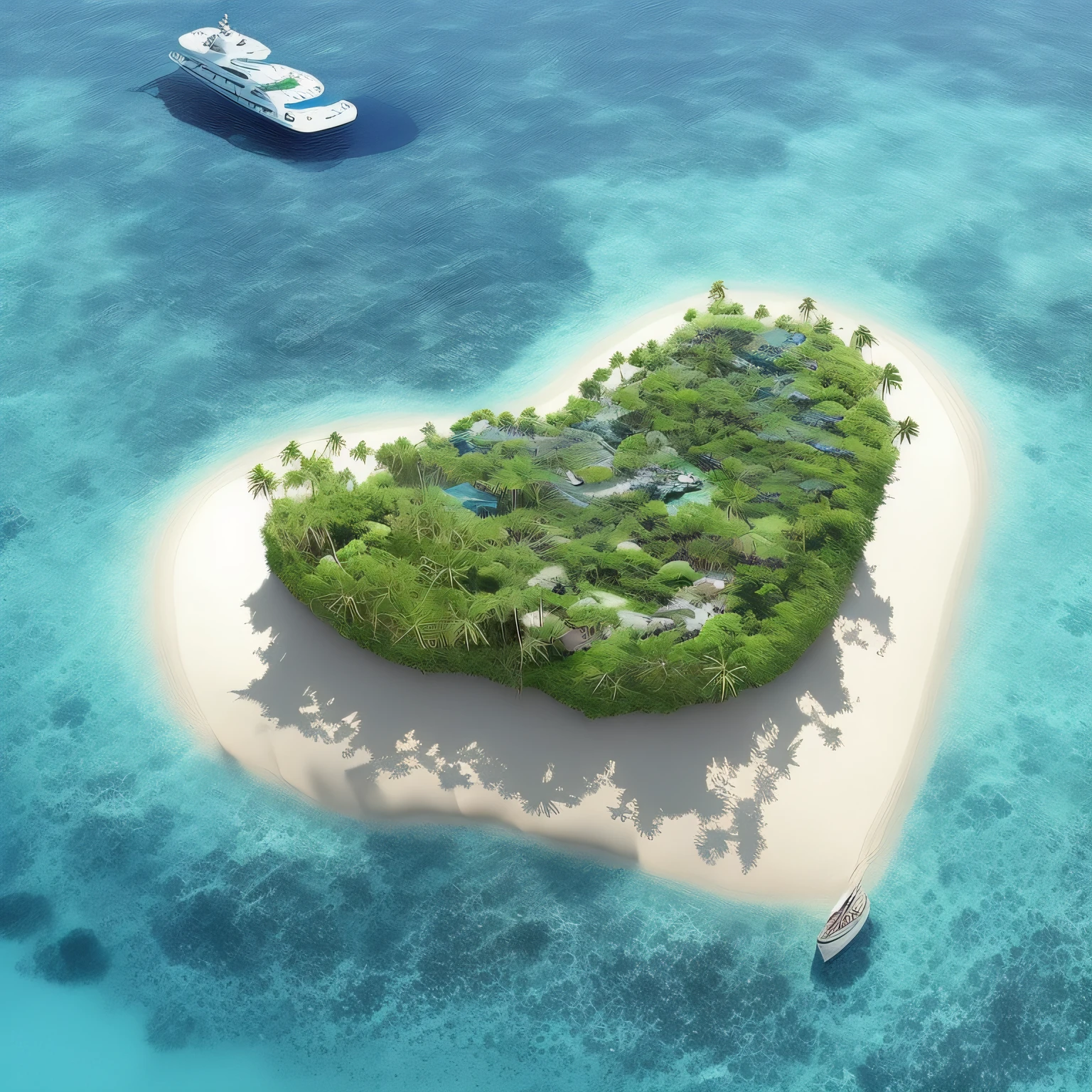There is a small island in the shape of a peach heart,There is a boat in the middle, an island floating in the air, An island, Floating island, video, Ship on a desert island, tropical island, Island background, Stylized, very stylized, On an island, islands!!!!!, island in a blue sea, paradis, Isolated, illustratio, an island in the background