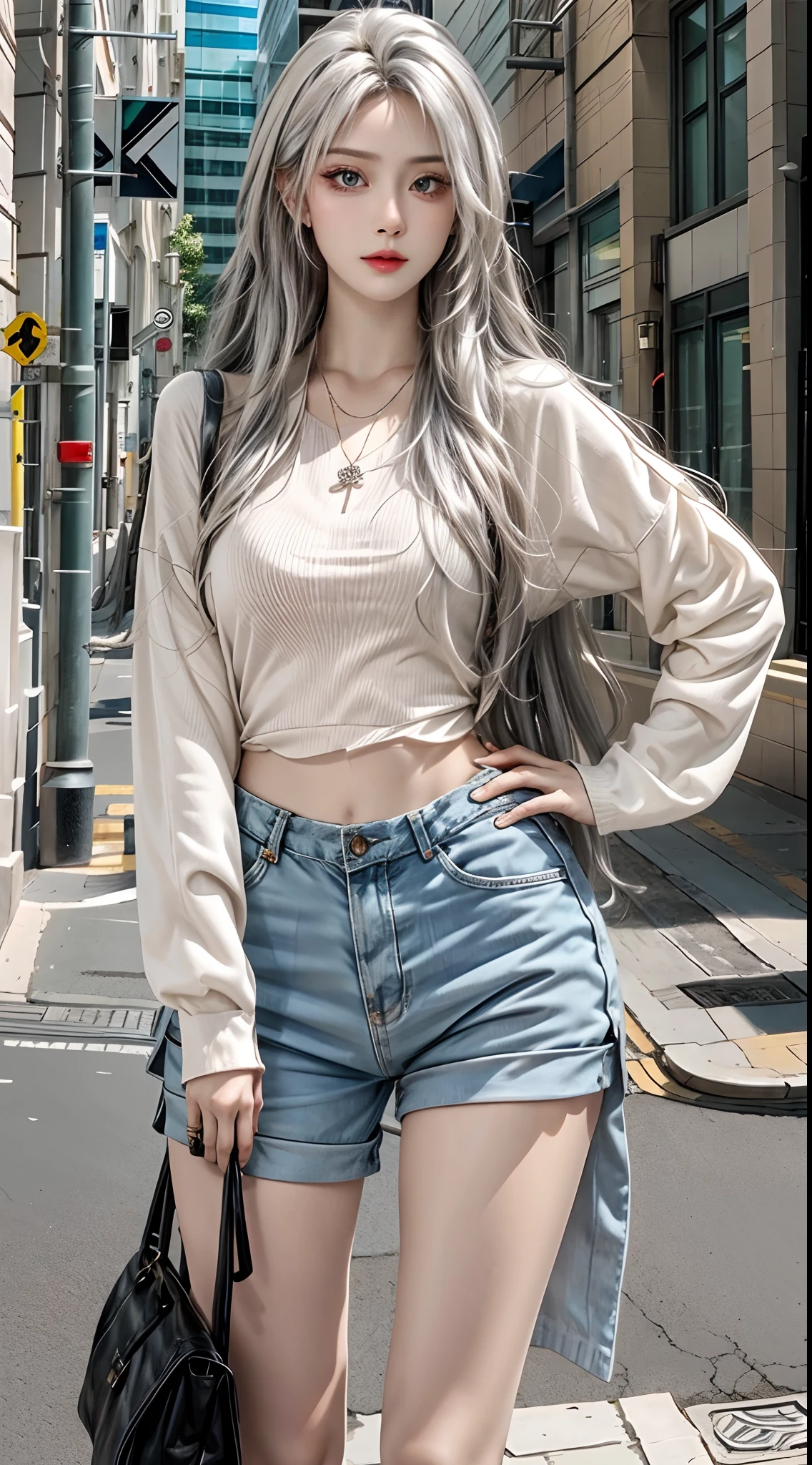 high resolution, 1 woman, hips up, Beautiful eyes, Long hair, ringed eyes, jewelry, tattoo, colorful street wear, white hair