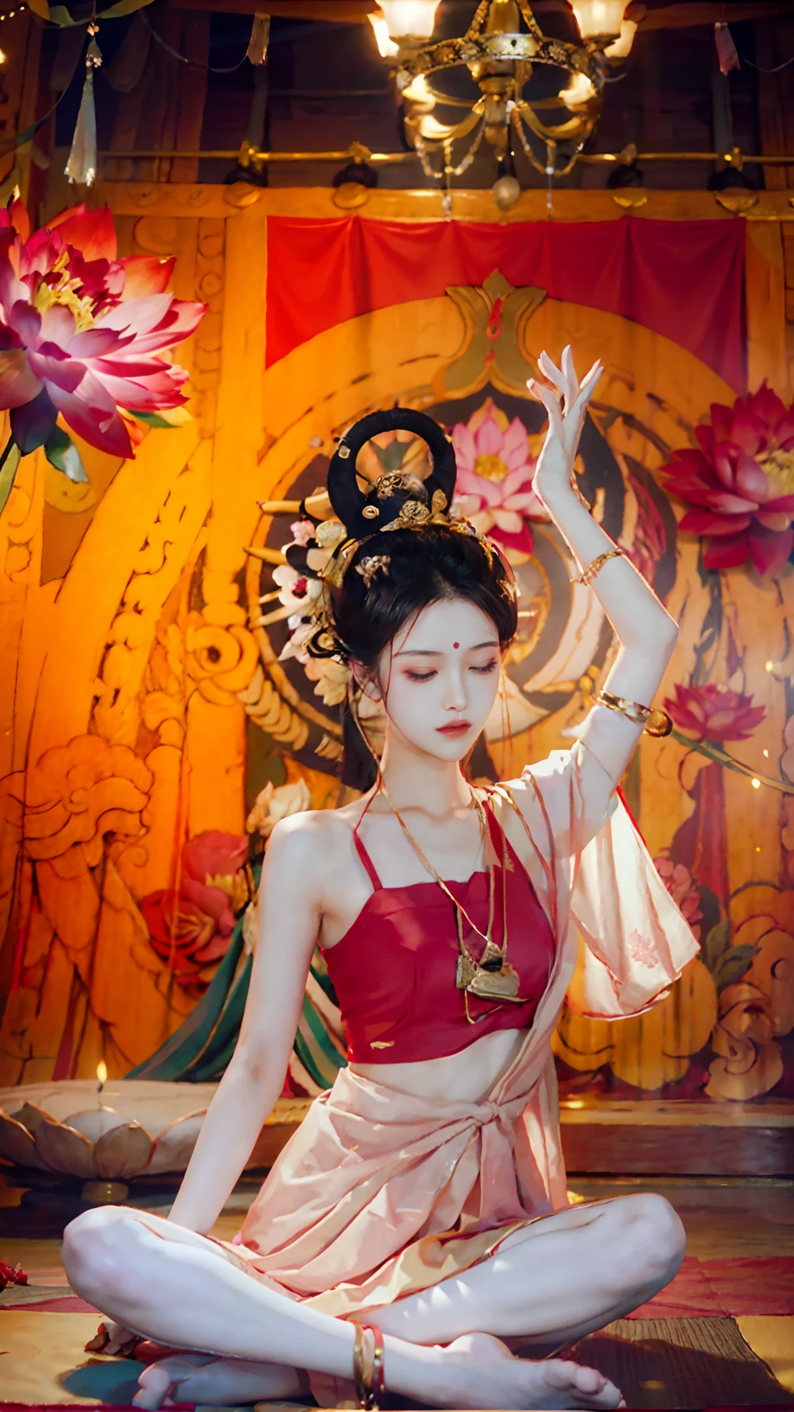 (Small lower chest,Tomboyish,small heads)),  (perfect bodies: 1.1), (short-length straighthair: 1.2), Black hair,attractive collarbone，（极其细致的CG 8k壁纸），（Extremely refined and beautiful），（tmasterpiece），（best qualtiy：1.0），（超高分辨率：1.0），upper body photos，[A high resolution]，Smooth and flawless fair skin，ultra - detailed ，Elongated legs，（Small breasts:1.1),Flat chest,Slim，emaciated，Gorgeous Buddhist cassocks，In the main hall of the temple，The serious lotus sits cross-legged on a large lotus，（A large pink lotus flower：1.5），The girl floats on a large lotus flower in the air，From the front side，Close-up，Sit in meditation，Eyes closed，（Yoga lotus sitting）