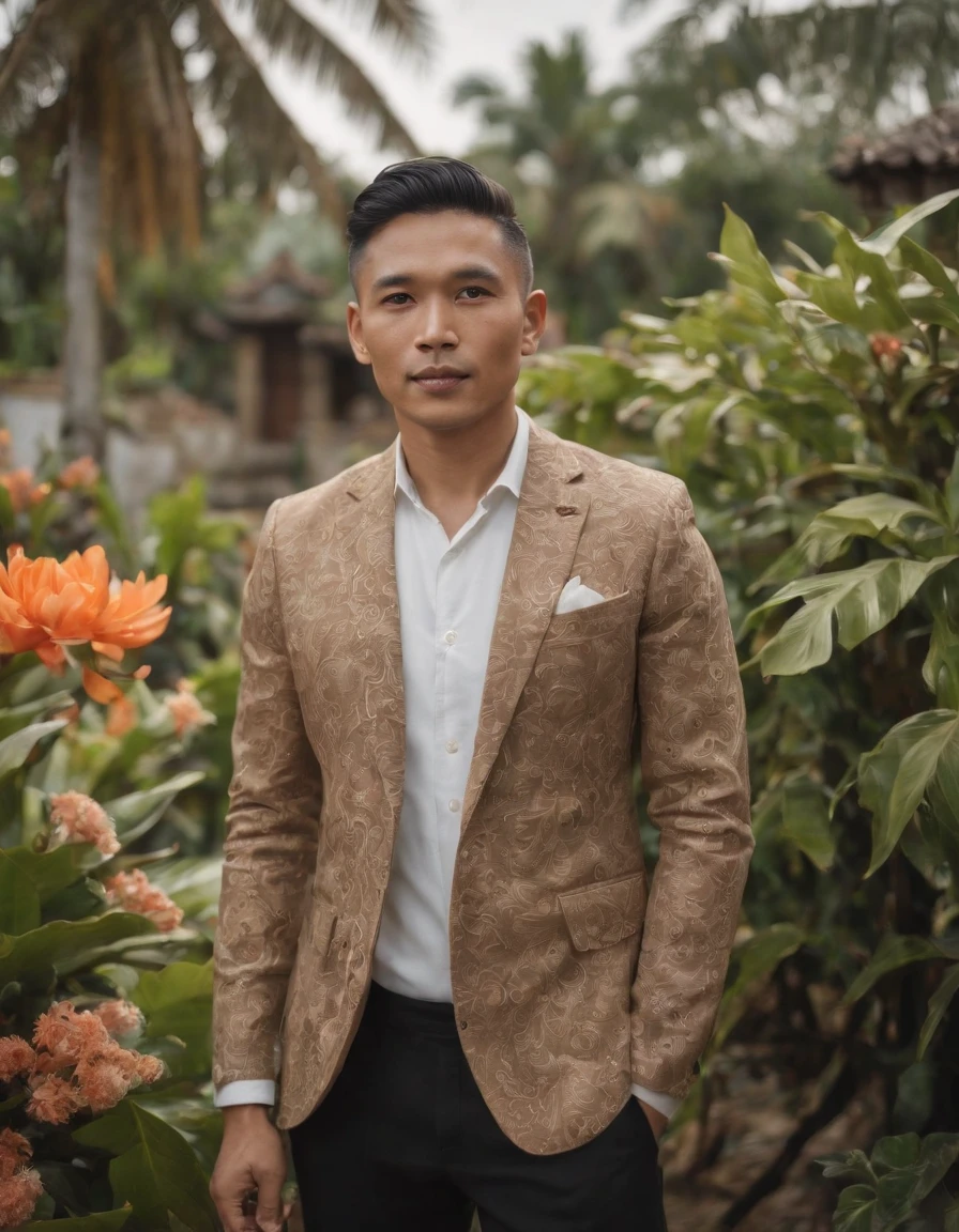 A man standing in front of some flowering plants, (suit), traditional Balinese pattern style, contemporary realism portrait photography, genderless, light brown and black, Sony Alpha a7 iii, waves, folk portrait