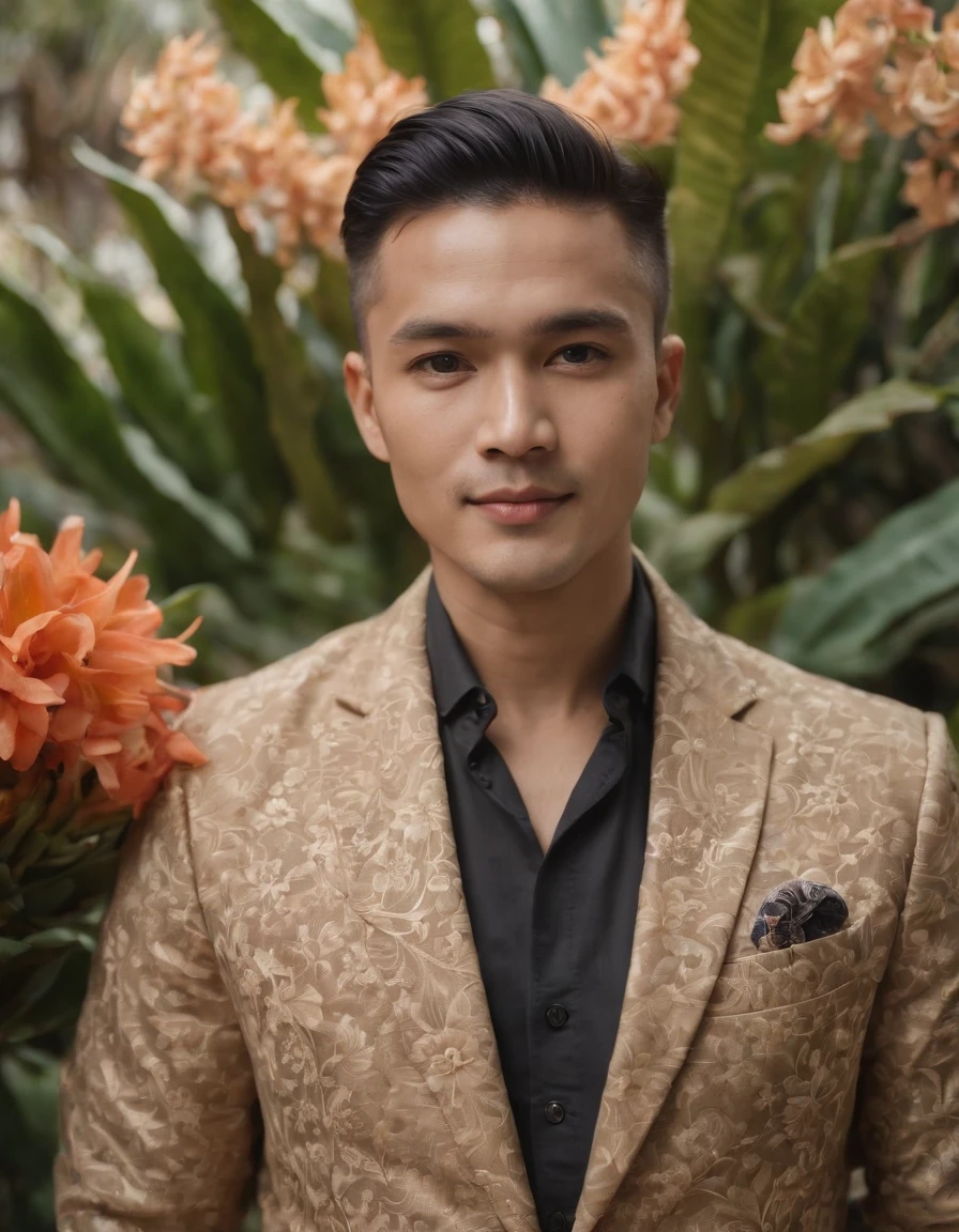 A man standing in front of some flowering plants, (suit), traditional Balinese pattern style, contemporary realism portrait photography, genderless, light brown and black, Sony Alpha a7 iii, waves, folk portrait